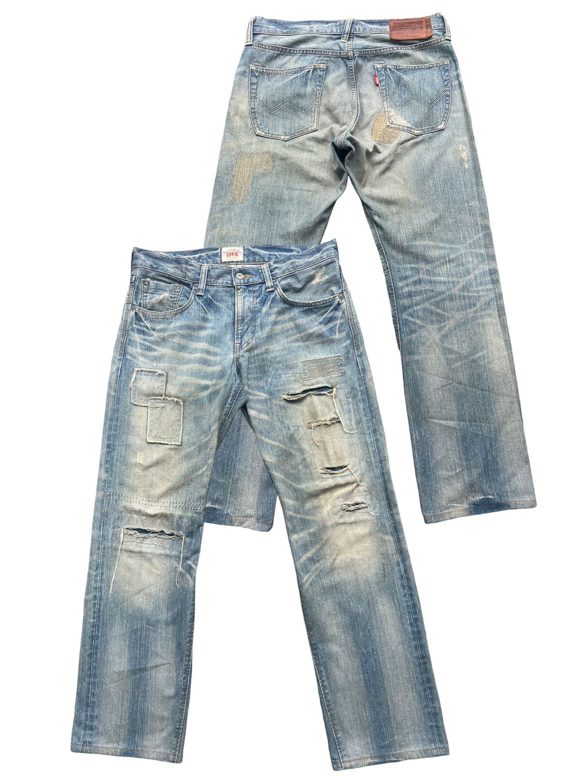 Edwin × Vintage Vintage Edwin Japan PatchWork Distressed Denim Jeans 35x31 Size US 35 - 2 Thumbnail