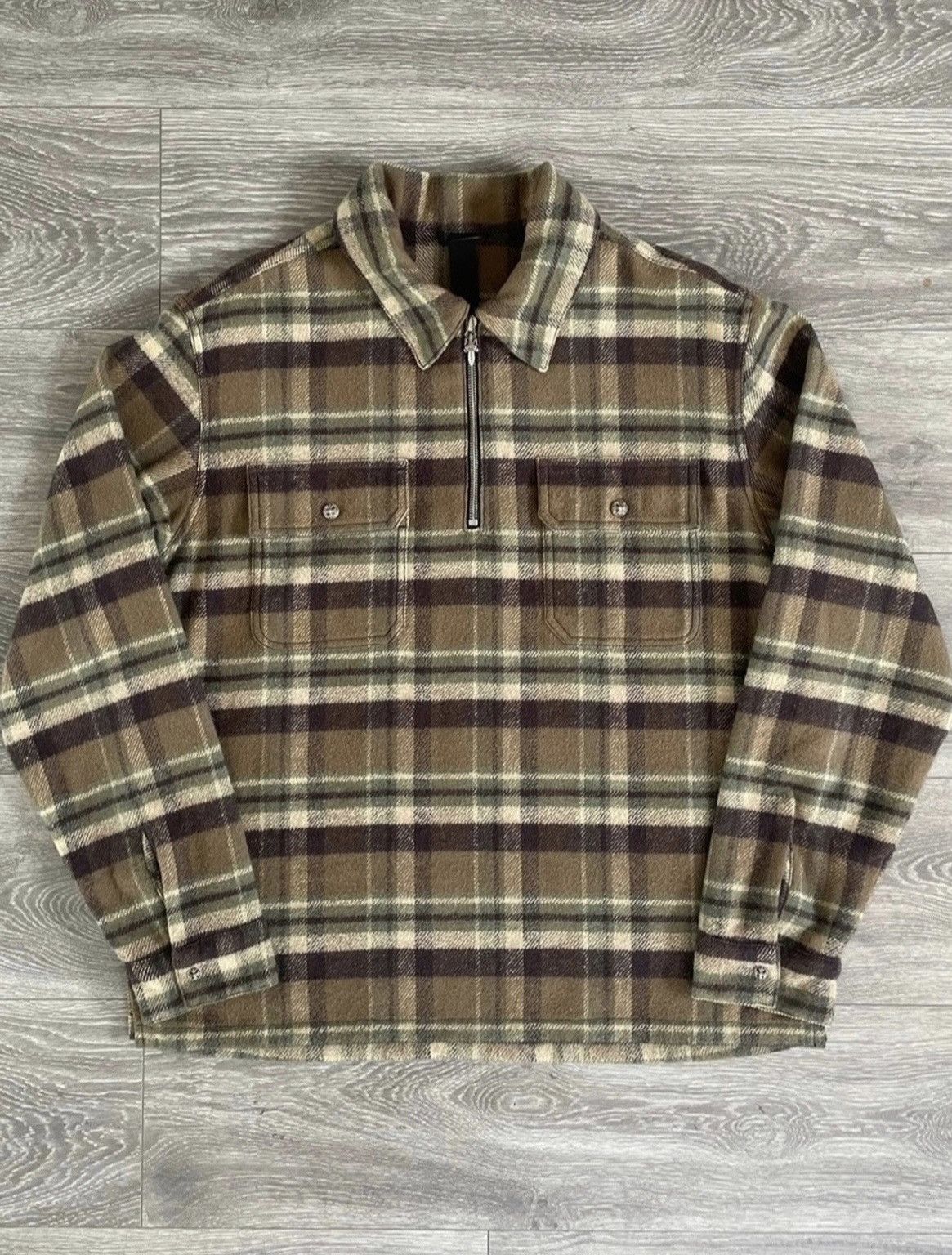 image of Chrome Hearts Work-Dog Flannel Quarter Zip in Brown/Green, Men's (Size Medium)