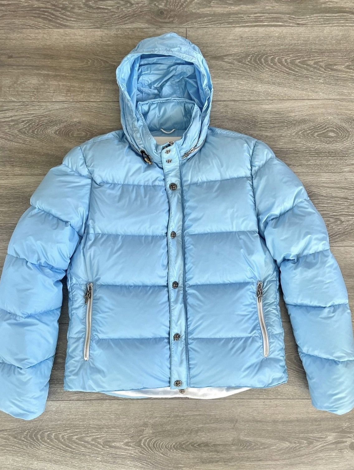 image of Chrome Hearts Baby Blue Puffer Down Jacket, Men's (Size Large)