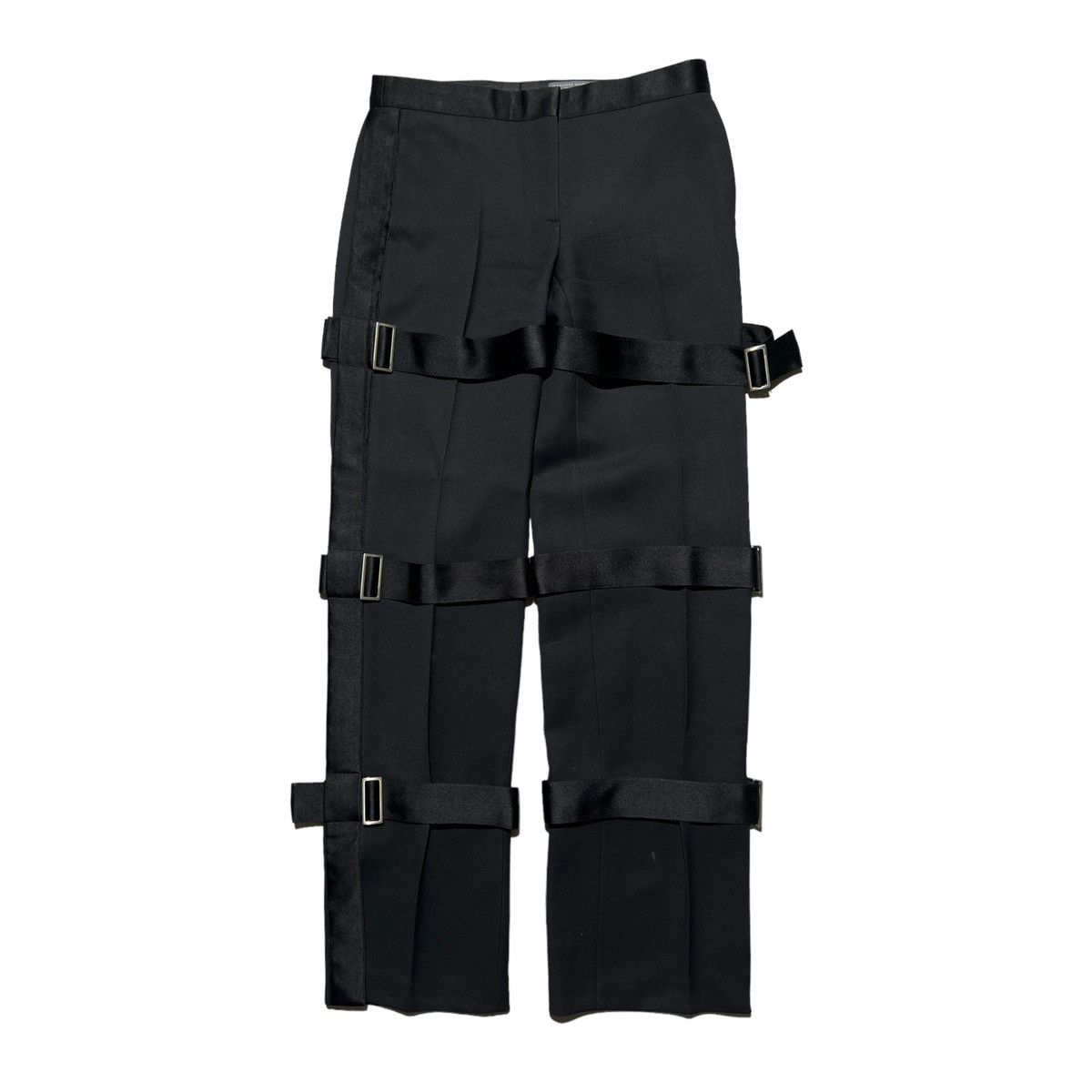 Pre-owned Alexander Mcqueen $1.5k Belted Leg Satin Trim Pants In Black