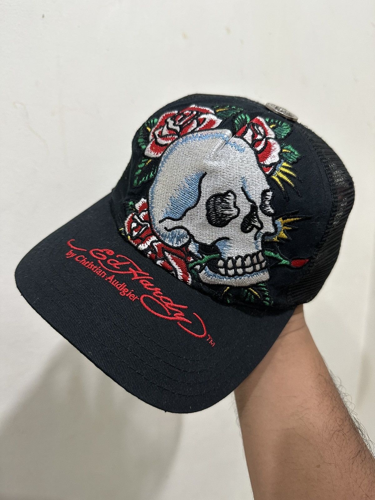 image of Christian Audigier x Ed Hardy VTG Distress Ed Hardy X C.a Embroid Trucker Hat in Black, Men's