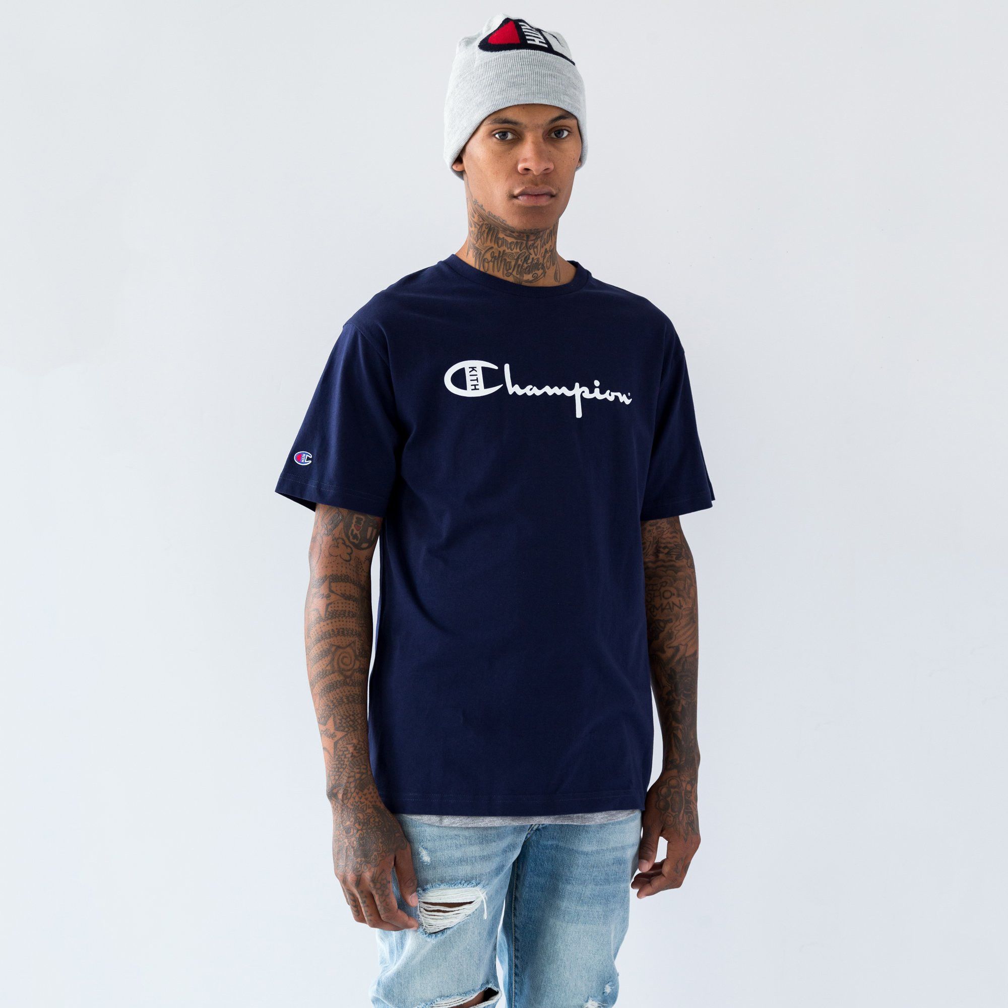 Champion Kith Kith x Champion Script Logo Tee Navy XL Grailed