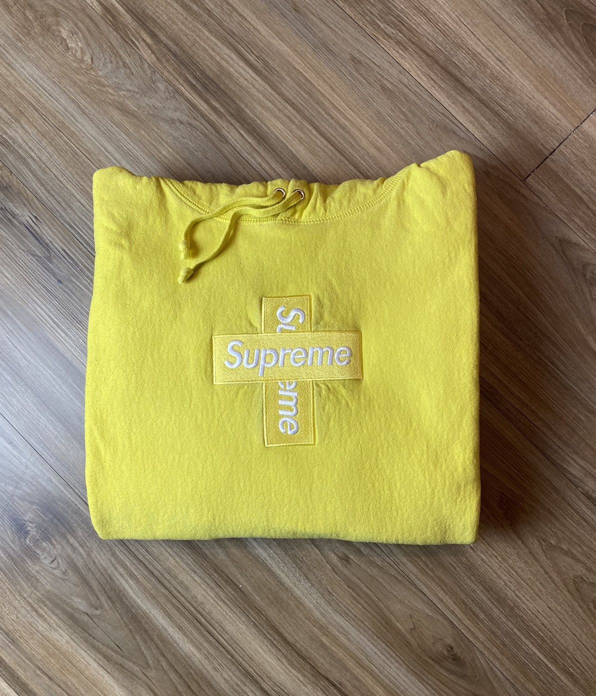 image of Supreme Cross Box Logo Hoodie in Red/Yellow, Men's (Size Medium)