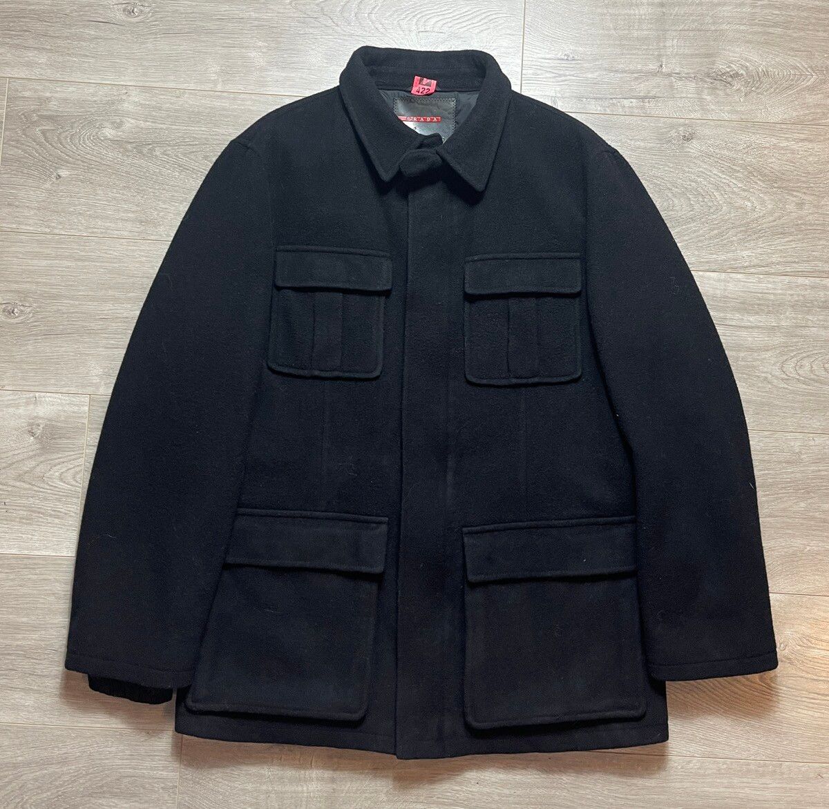 Pre-owned Prada Wool Double Breasted Zip Up Over Coat Outter In Black
