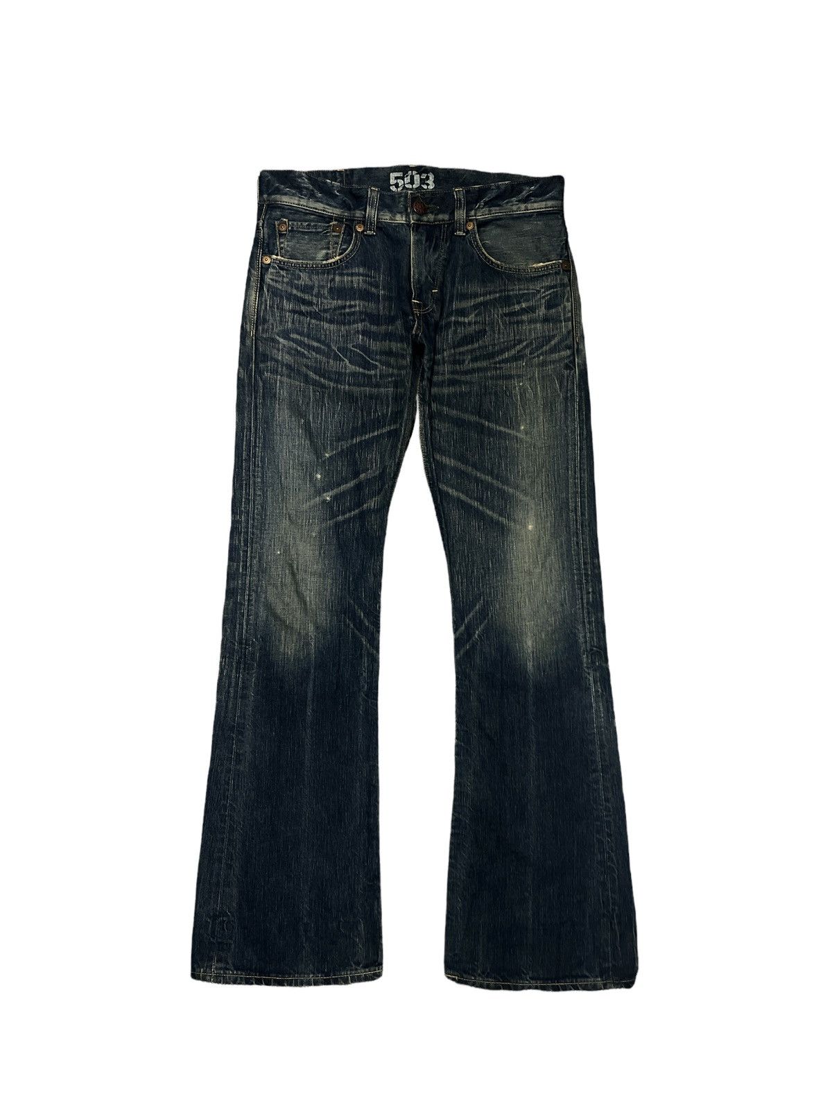 image of Avant Garde x Distressed Denim Flarededwin 503 Blue Trip Distressed Denim Pant, Men's (Size 32)