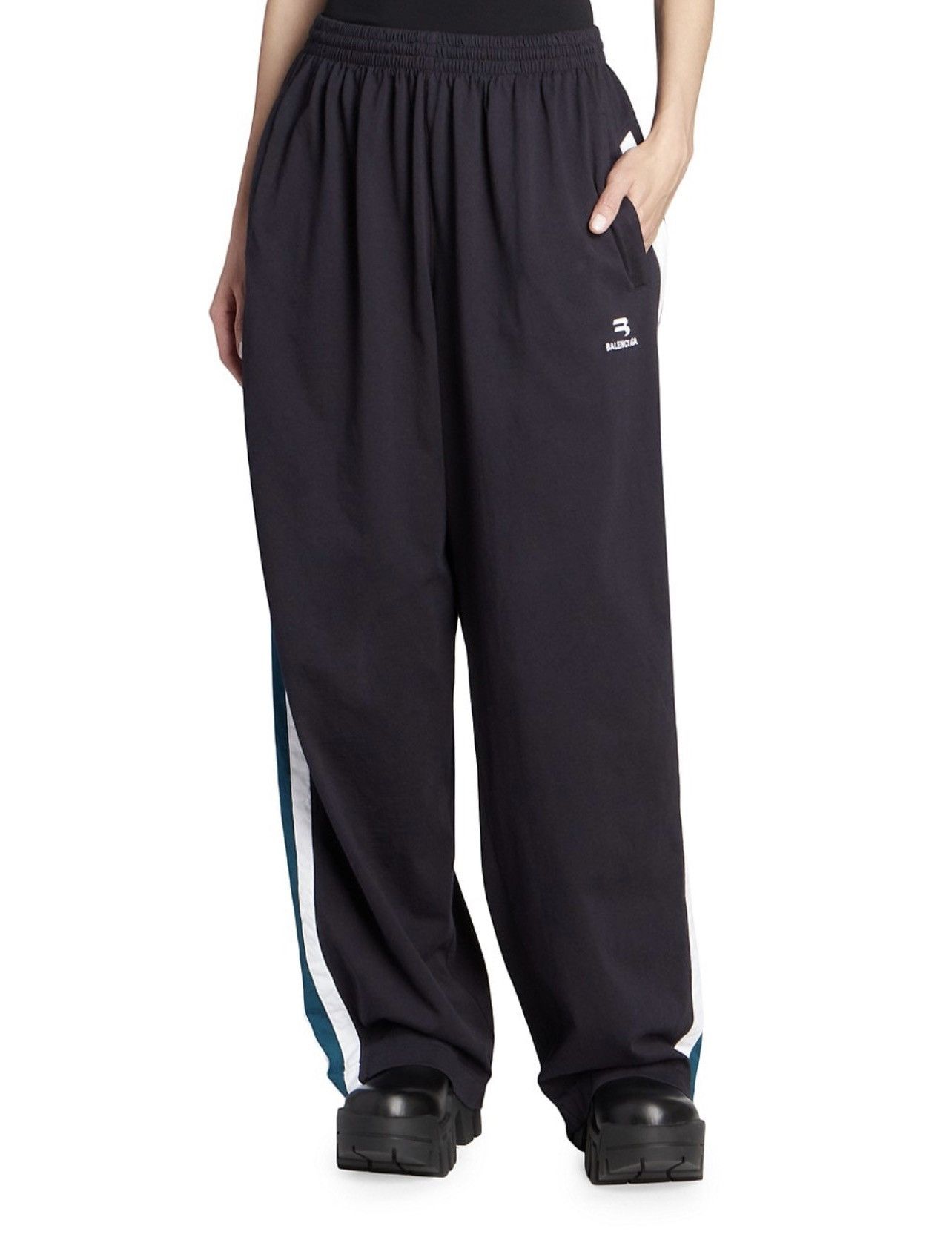 image of Balenciaga Sporty B Cotton Track Pants in Black/Green, Men's (Size 30)