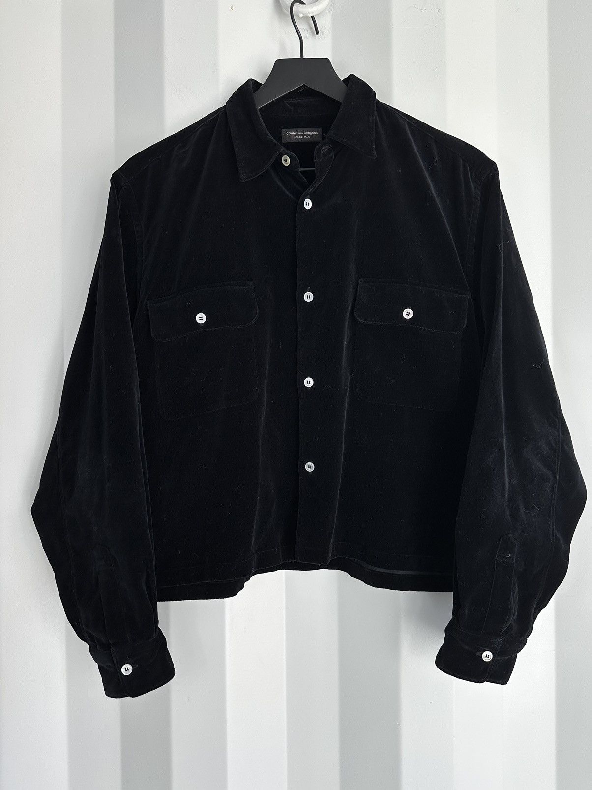 image of Comme Des Garcons Homme Plus x Vintage 1989 Velvet Boxy Cropped Button Shirt in Black (Size Medium)