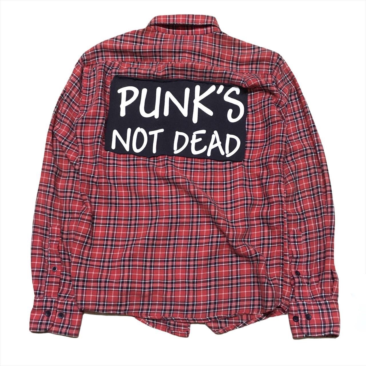 image of Band Tees x Flannel Red Tartan Flannel Punk Style Band Patch Work, Men's (Size Medium)
