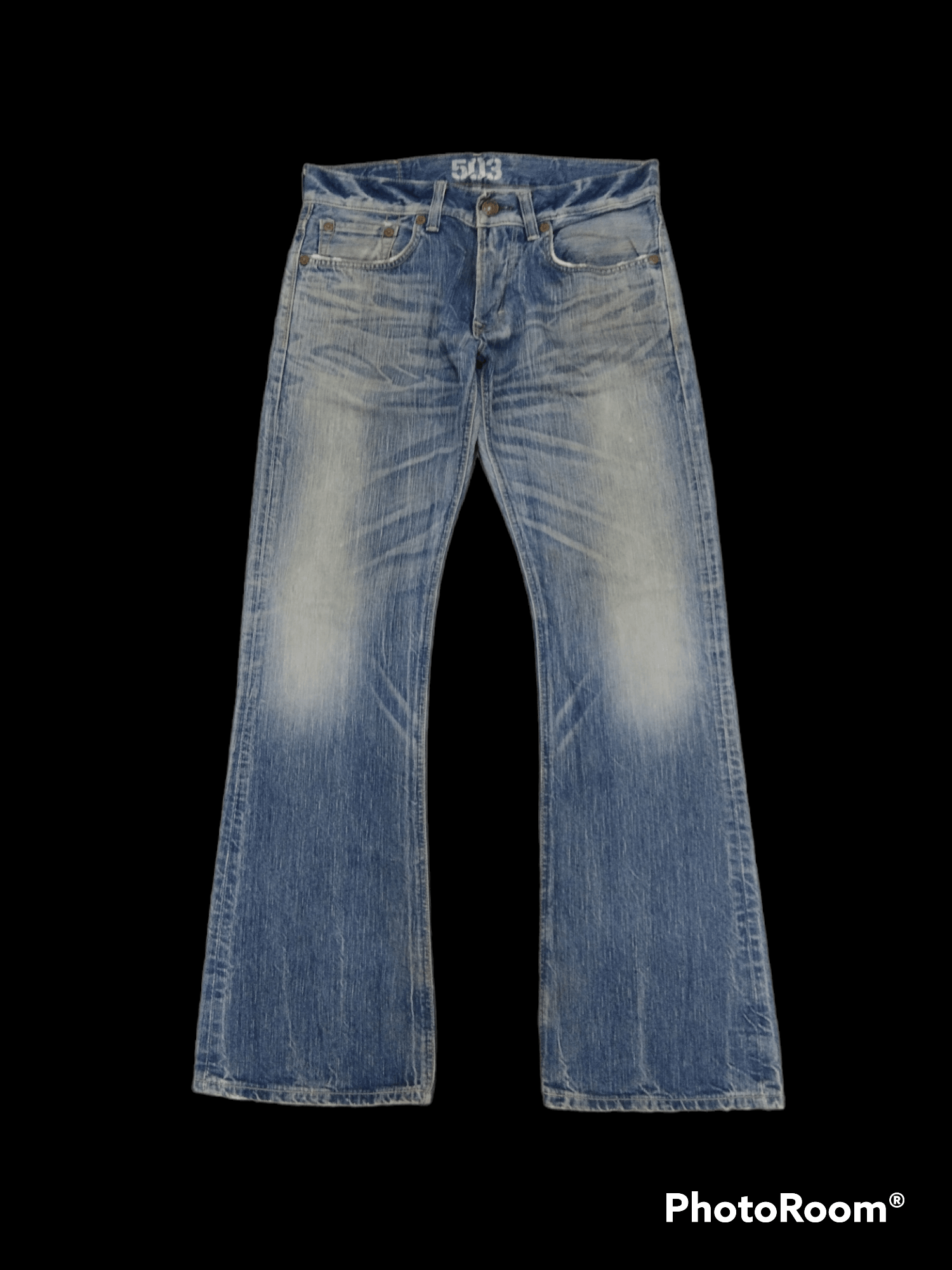 image of Avant Garde Flareddistressed Blue Trip 503 Denim Pants in Blue Distressed, Men's (Size 32)