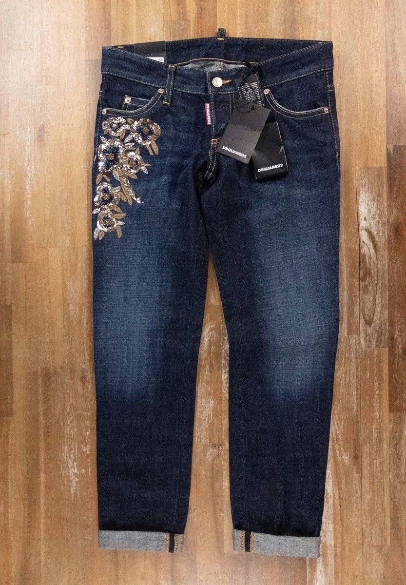 image of Dsquared2 Indigo Blue Flower Sequin Pat Slim Jeans 38 It / 2, Women's (Size 26)