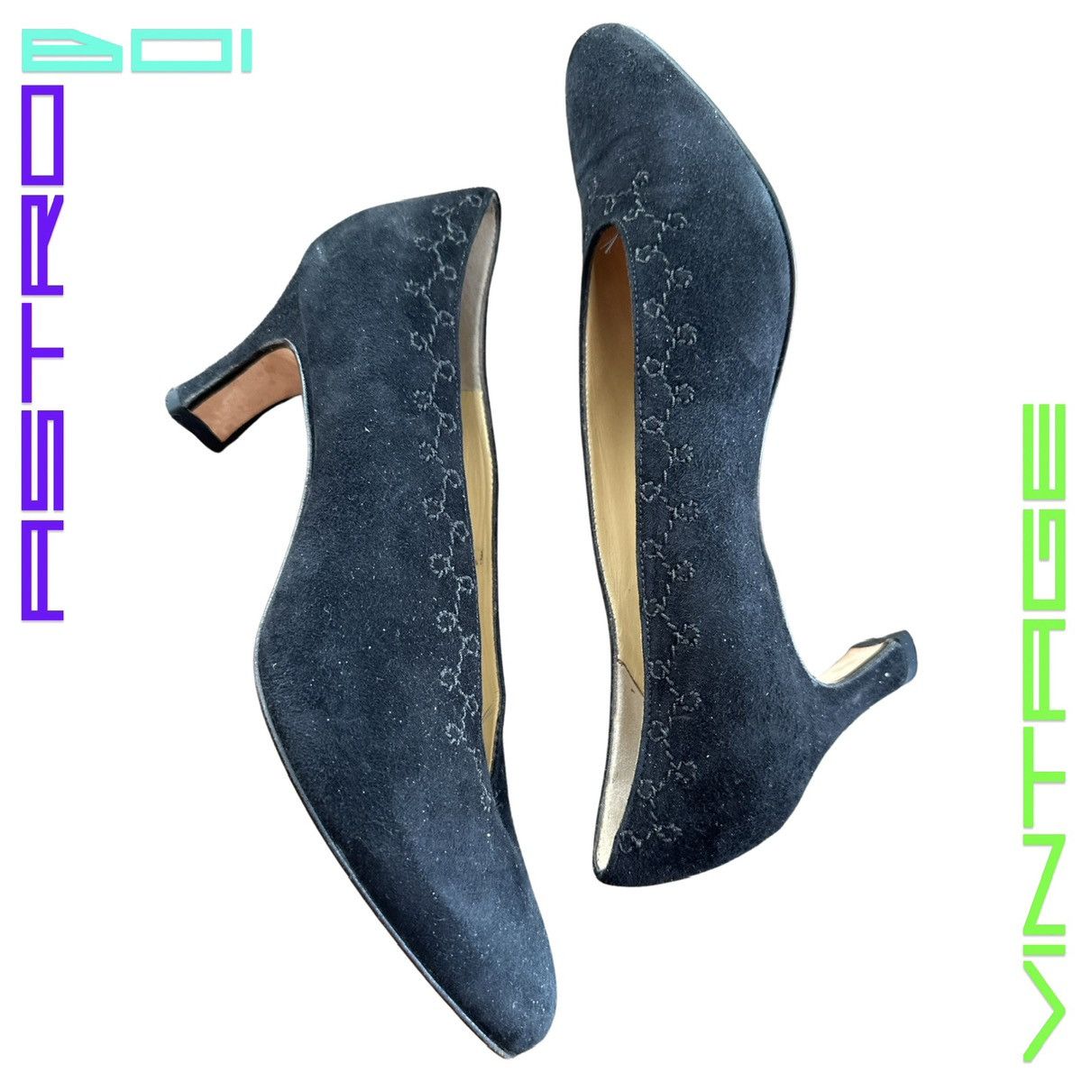 Leather × Vintage VINTAGE D'ROSSANNA BLACK SUEDE EMBROIDERED HEELS SIZE 7 Size US 7 / IT 37 - 2 Thumbnail