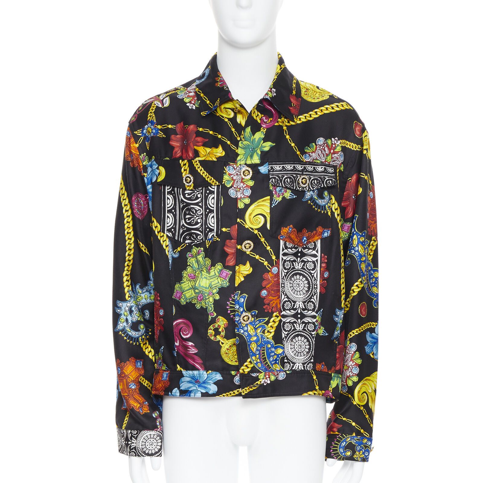 image of New Versace Ss19 Runway Silk Vintage Jewel Crystal Medusa Button Jacket Eu52 XL in Black, Men's