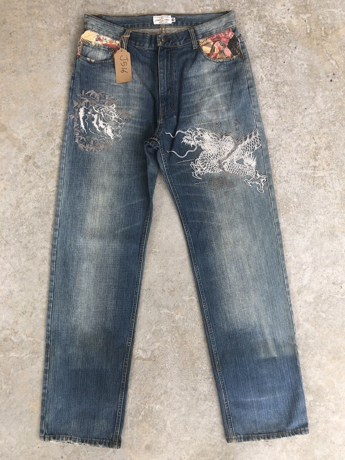 Karakuri Tamashii Karakuri Tamashii Embroidered Jeans Distressed Jeans Size US 33 - 1 Thumbnail
