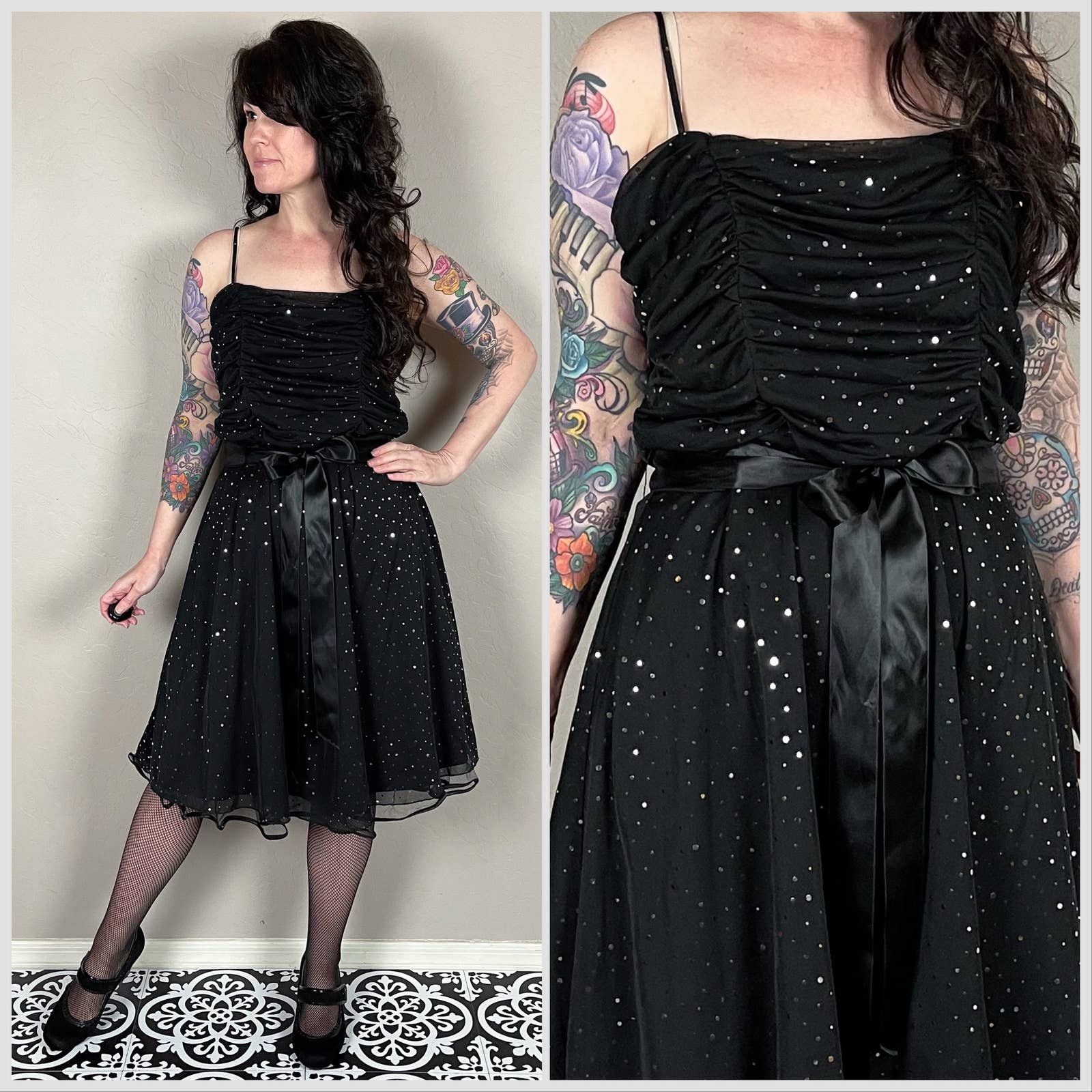 Vintage 1990s Black and Silver Polka good Dot Chiffon Dress