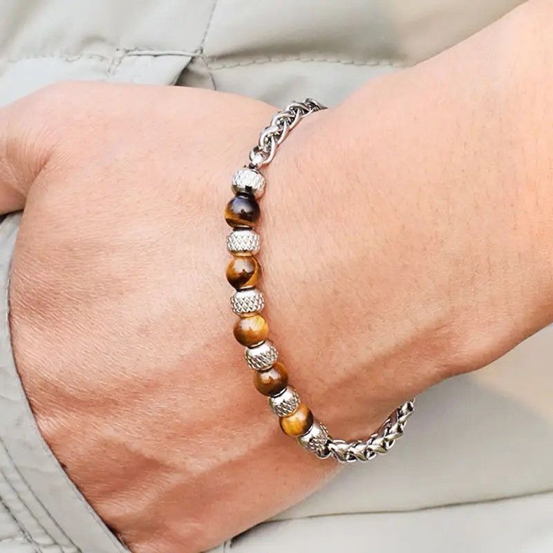 Jewelry Adjustable Unique Natural Tiger Eye Stone Beaded Bracelet Size ONE SIZE - 1 Thumbnail