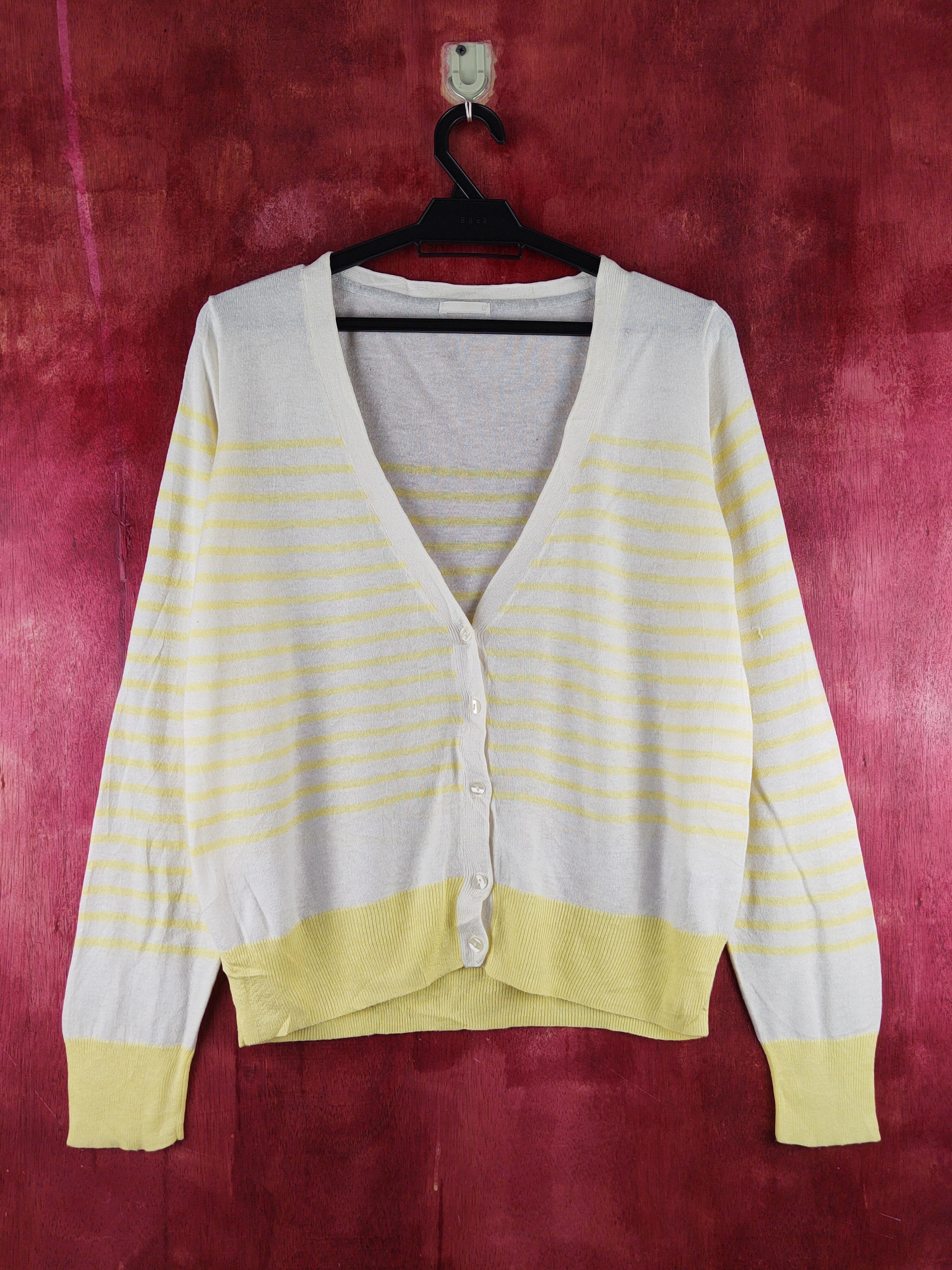GU × Japanese Brand GU Yellow/White Stripe Knitwear Cardigan #S1242 Size M / US 6-8 / IT 42-44 - 1 Thumbnail