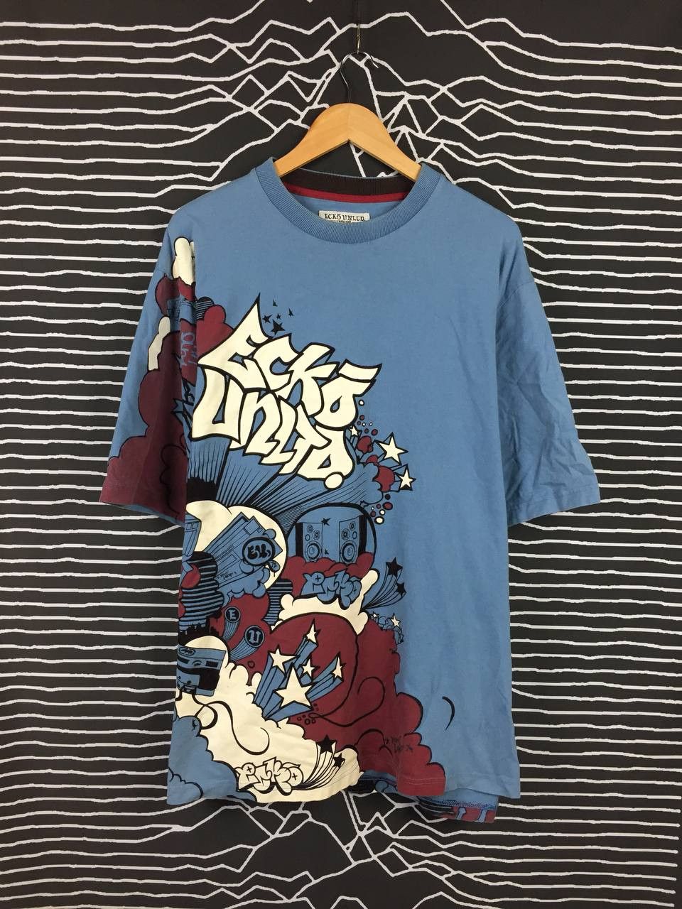 image of Ecko Unltd x Marc Ecko VTG Ecko Unlimited Overprint Graphic Hip Hop Rap Tees in Light Blue (Size 2X