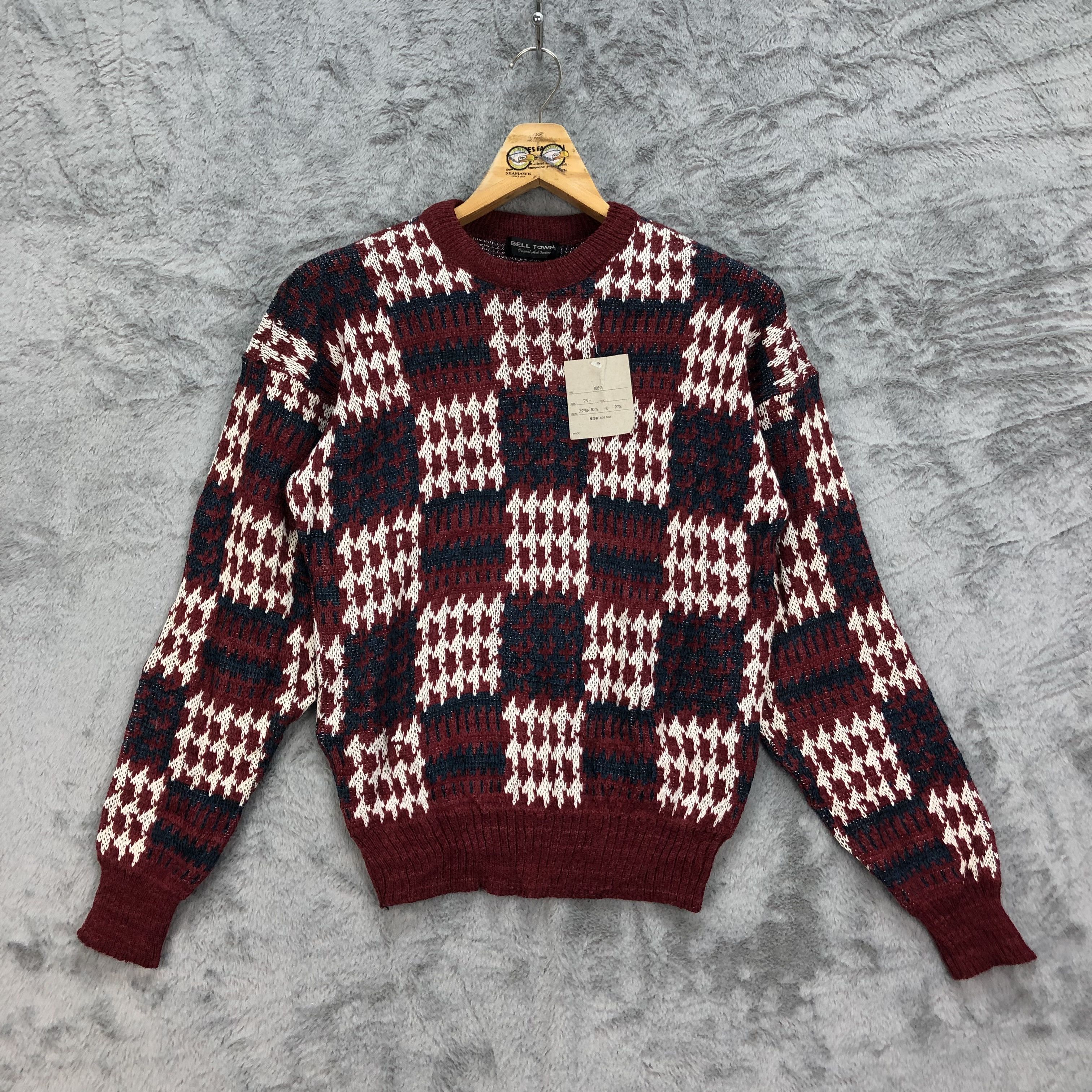 image of Coloured Cable Knit Sweater x Cross Colours Bell Town Check Cable Knit Sweater 4390-152 in Red (Siz
