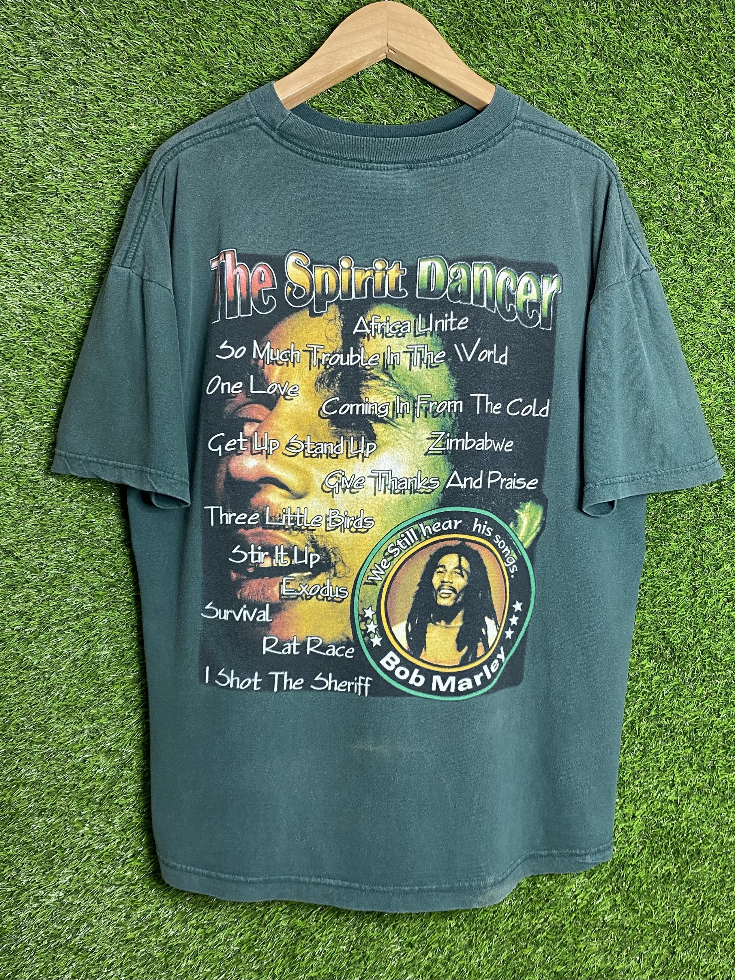 image of Rap Tees x Vintage Bob Marley The Spirit Dancer Bootleg Rap Tee Shirt in Green, Men's (Size XL)