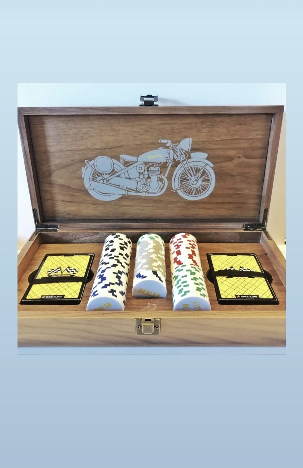 image of Breitling Texas Poker Chips Playing Cards Set In Wooden Box in Brown, Men's