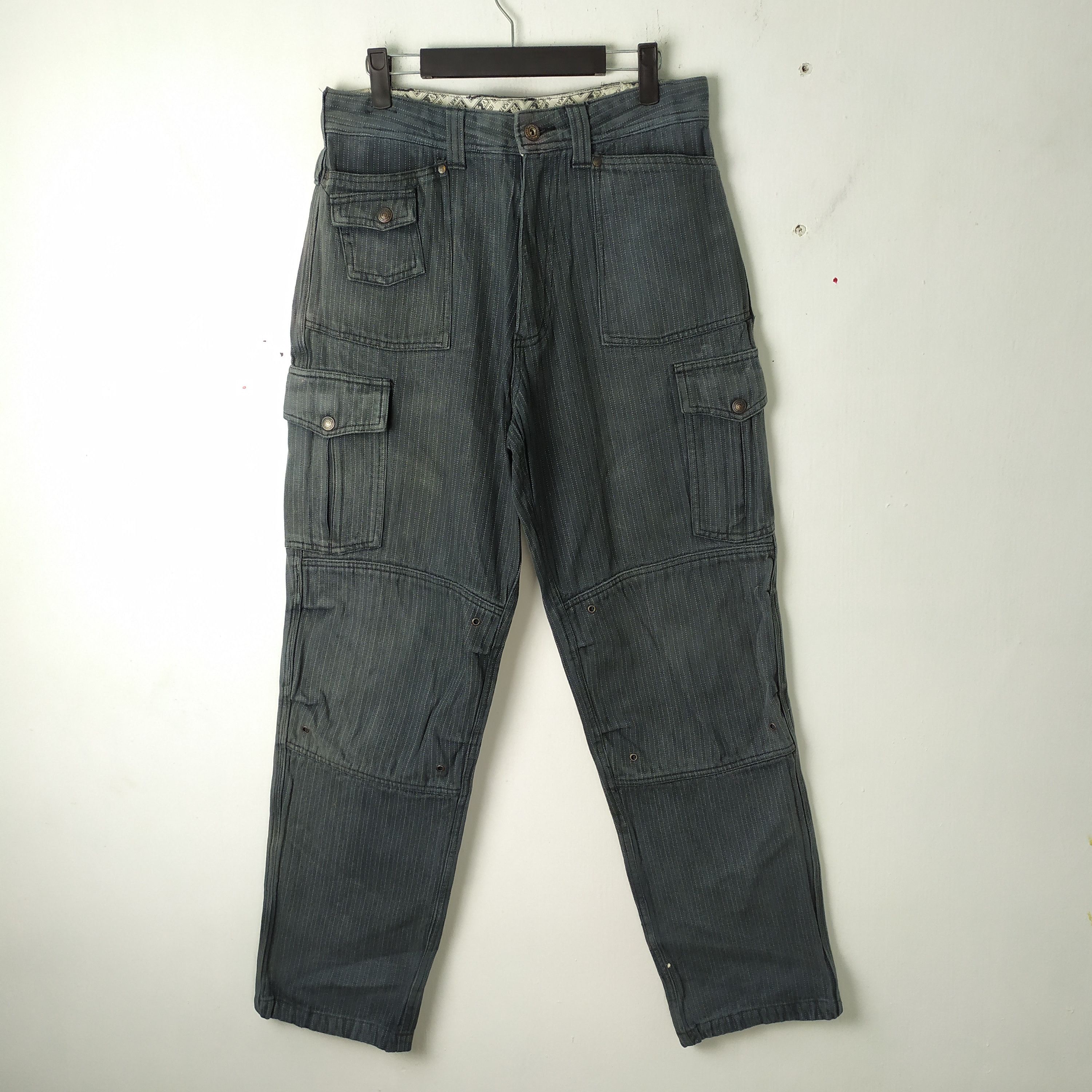 image of Authentic Hakata Tobi Faded Cargo Pants in Dark Grey Striped, Men's (Size 30)
