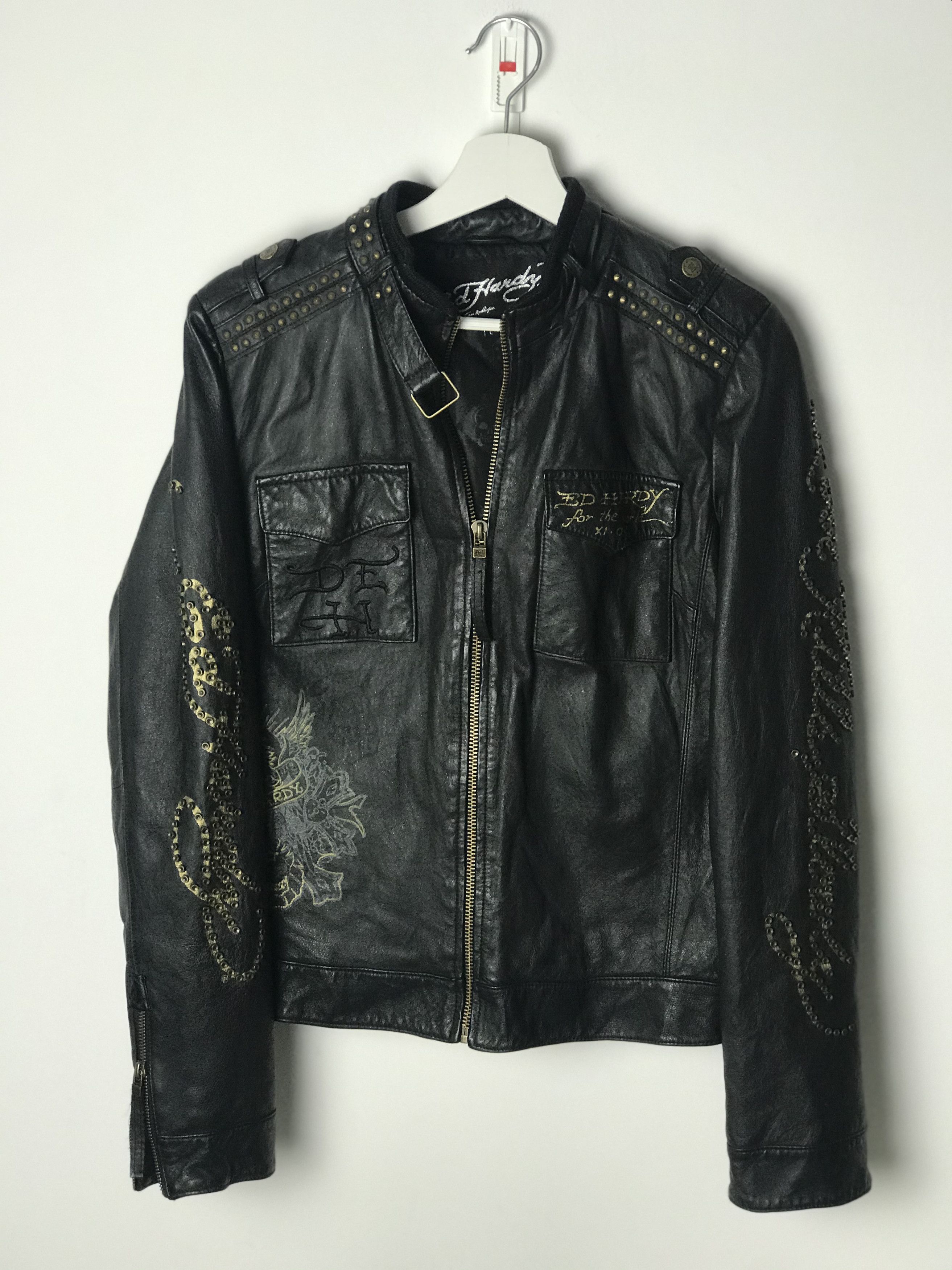 Vintage Ed Hardy vintage leather jacket big logo | Grailed