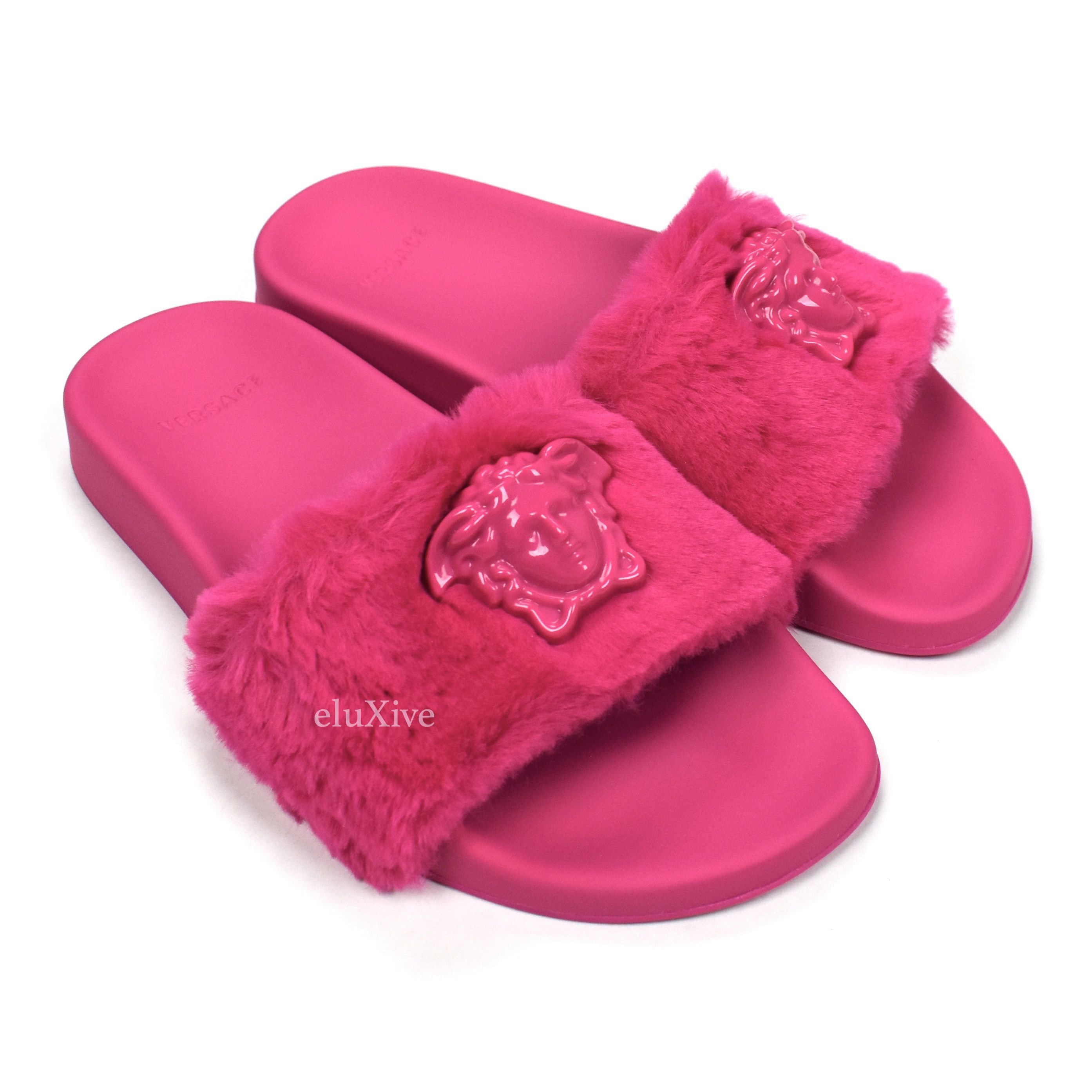 Versace Versace Orchid Pink Faux Fur La Medusa Logo Slides NWT | Grailed