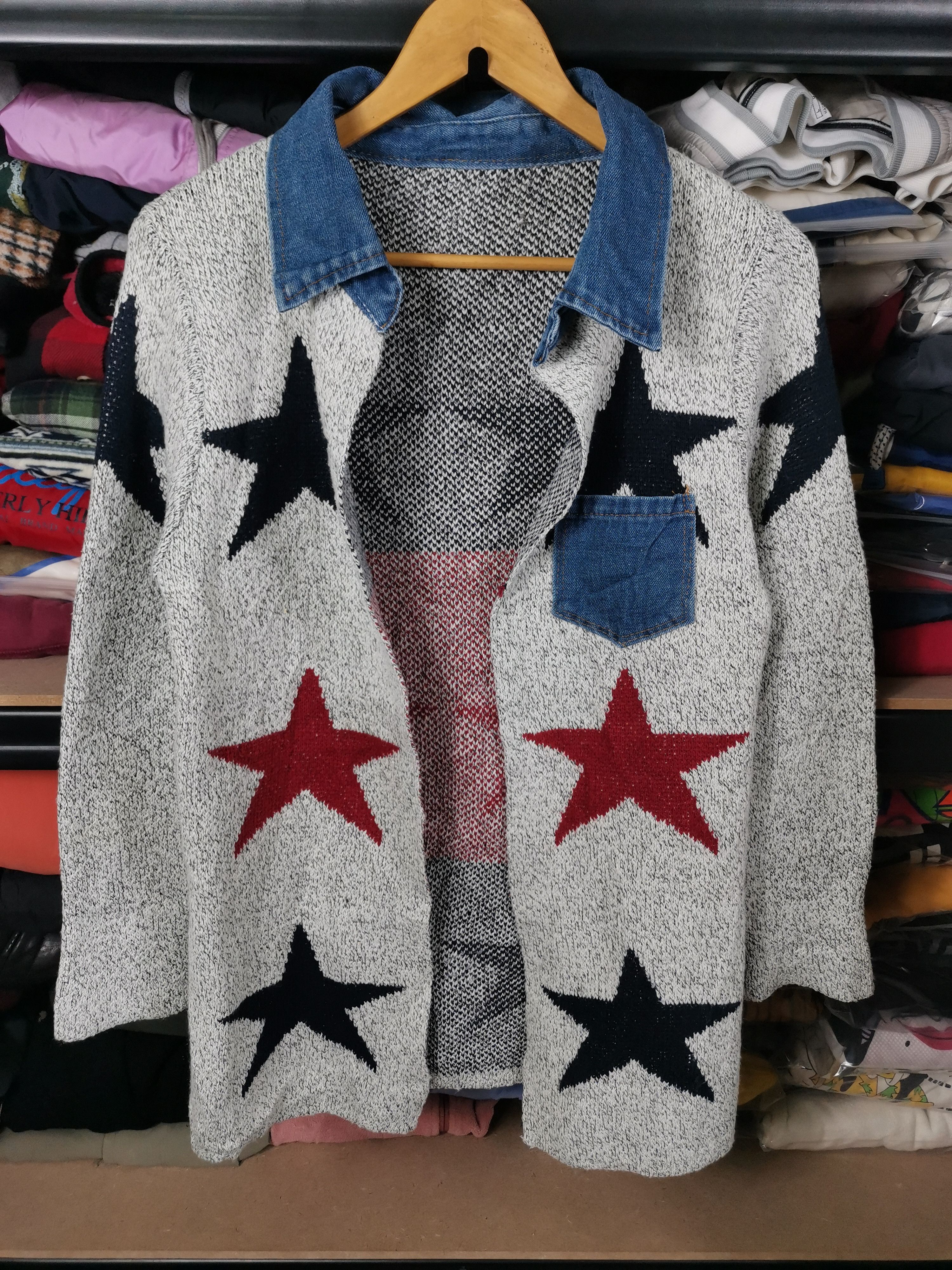 image of Coloured Cable Knit Sweater x Vintage Star Knit Cardigan in Grey, Men's (Size Small)