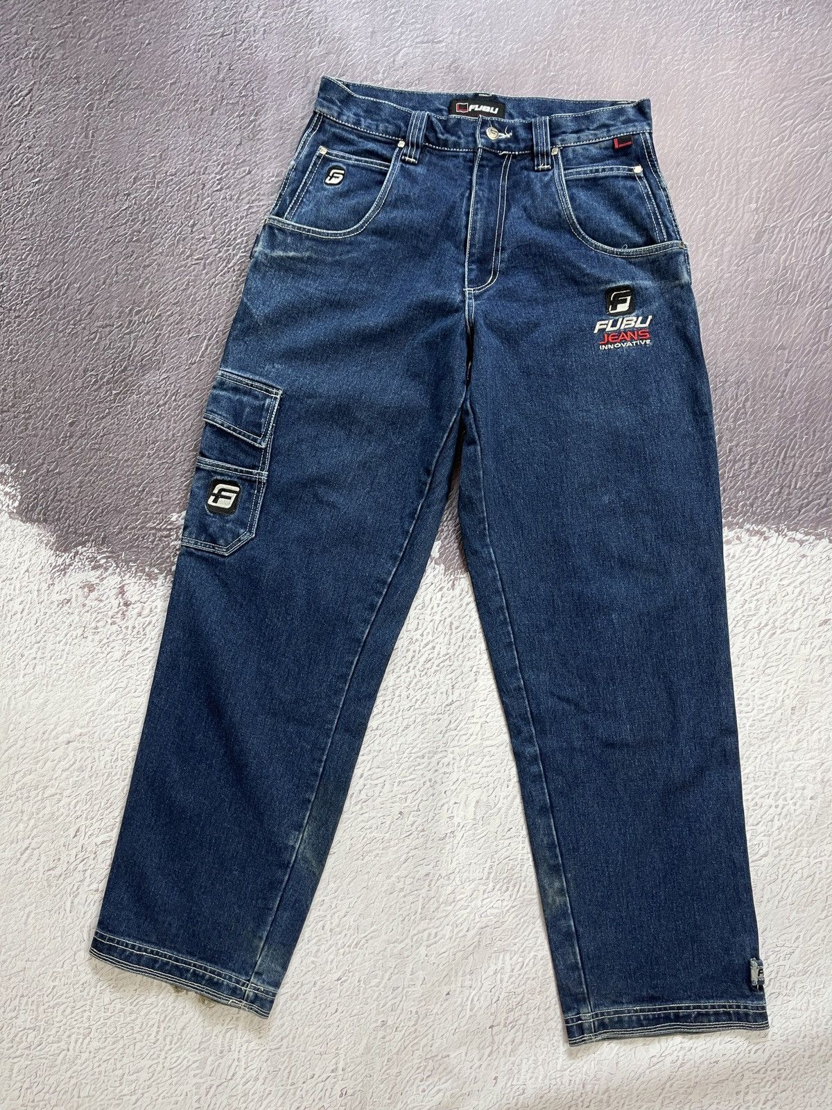 image of Fubu Vintage Rap Denim Cargo Pants Carpenter Embroidered in Blue, Men's (Size 32)
