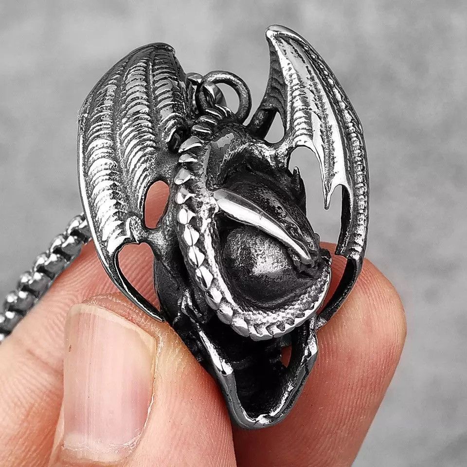 Jewelry Demon Dragon Skull Stainless Steel Pendant Necklaces Size ONE SIZE - 4 Thumbnail