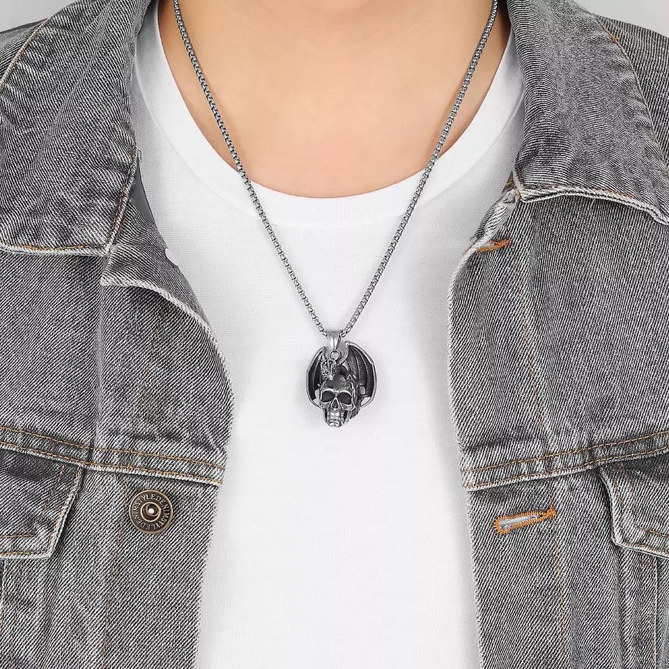 Jewelry Demon Dragon Skull Stainless Steel Pendant Necklaces Size ONE SIZE - 5 Thumbnail