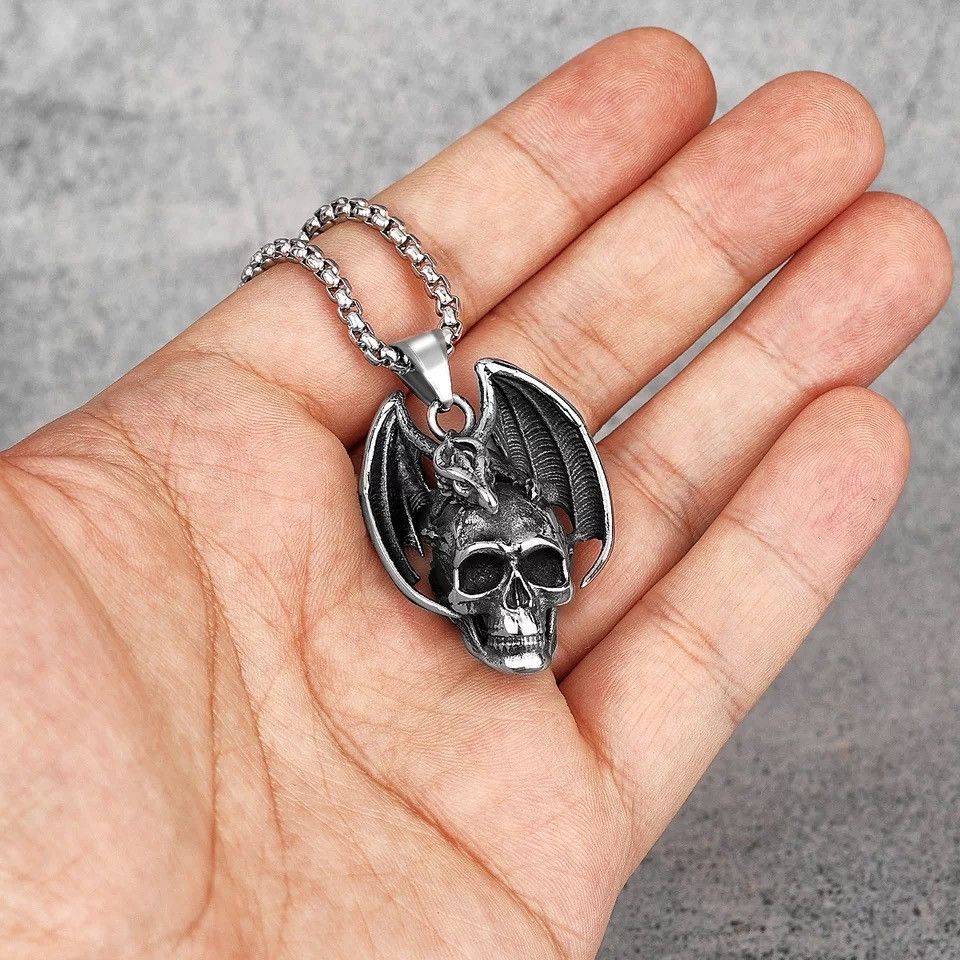 Jewelry Demon Dragon Skull Stainless Steel Pendant Necklaces Size ONE SIZE - 2 Thumbnail