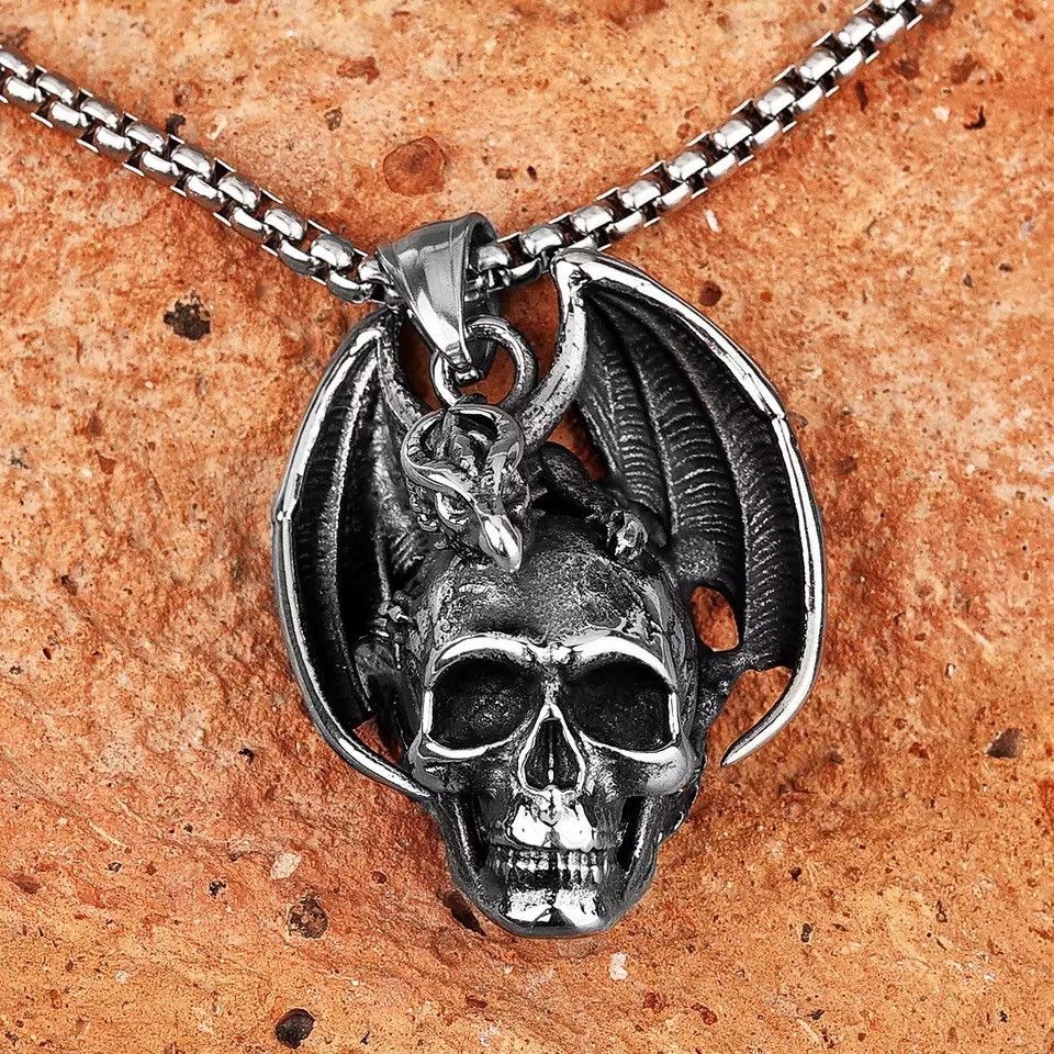 Jewelry Demon Dragon Skull Stainless Steel Pendant Necklaces Size ONE SIZE - 1 Thumbnail