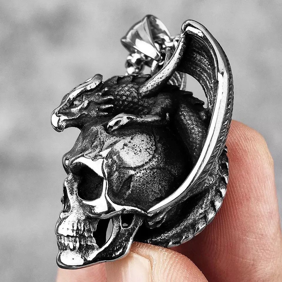 Jewelry Demon Dragon Skull Stainless Steel Pendant Necklaces Size ONE SIZE - 3 Thumbnail