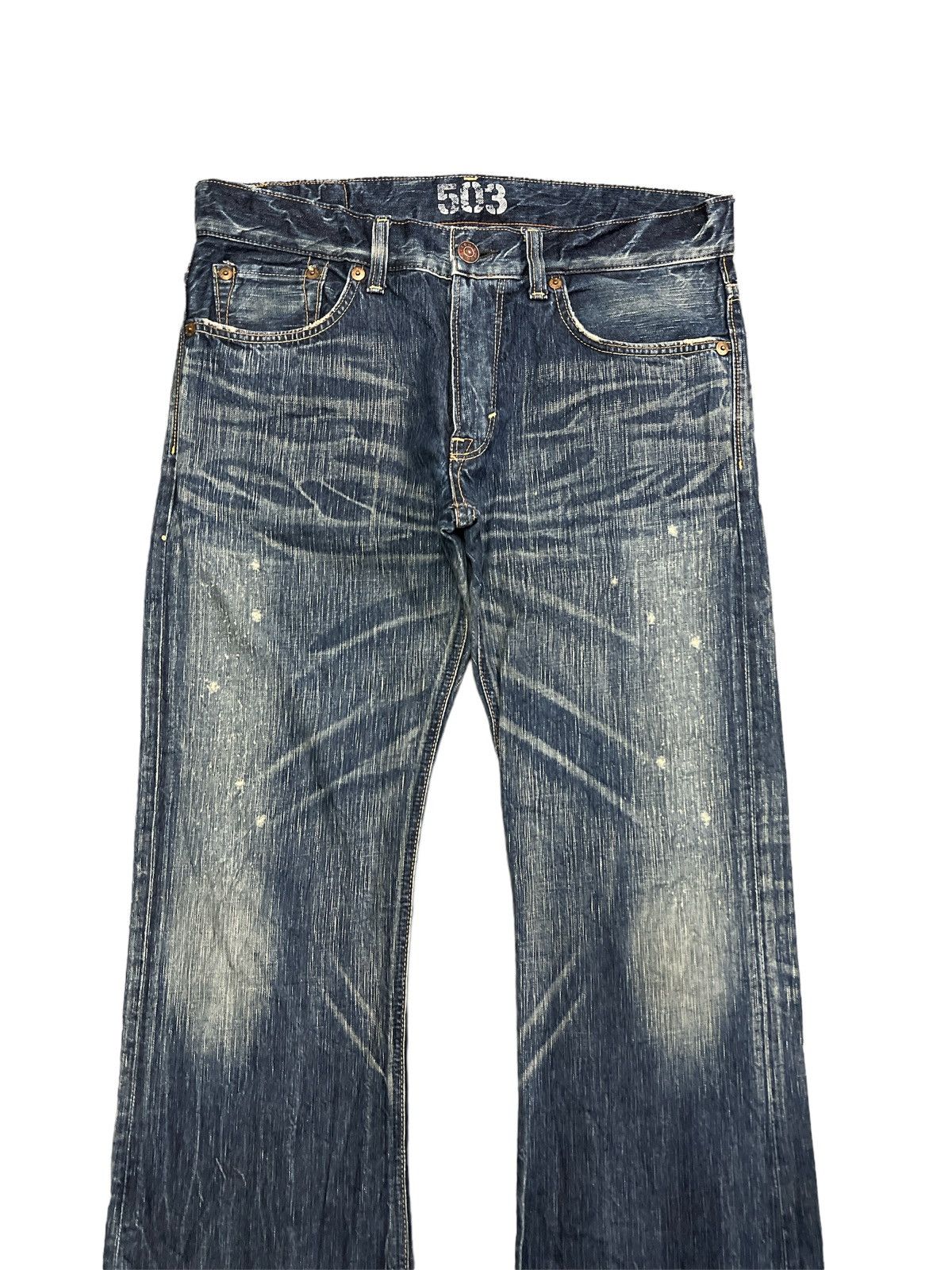 Japanese Brand FLARED💥EDWIN 503 BLUE TRIP DISTRESSED DENIM PANTS Size US 35 - 3 Thumbnail