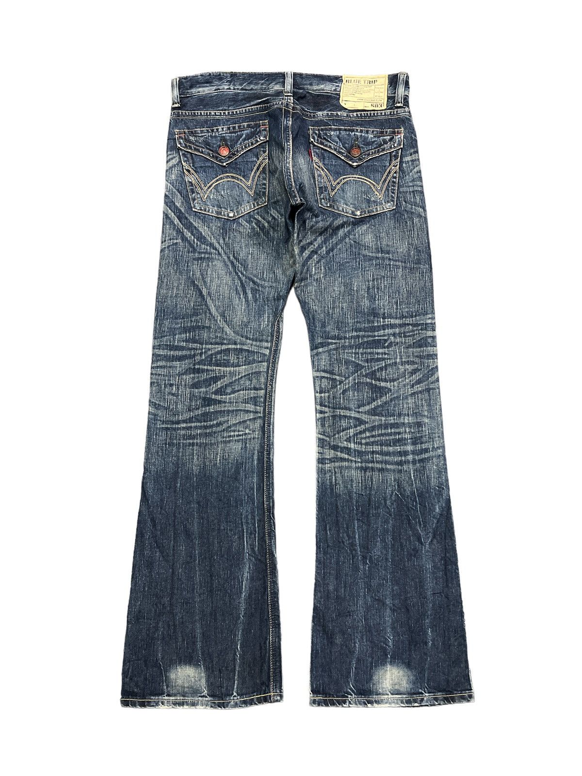 Japanese Brand FLARED💥EDWIN 503 BLUE TRIP DISTRESSED DENIM PANTS Size US 35 - 6 Thumbnail