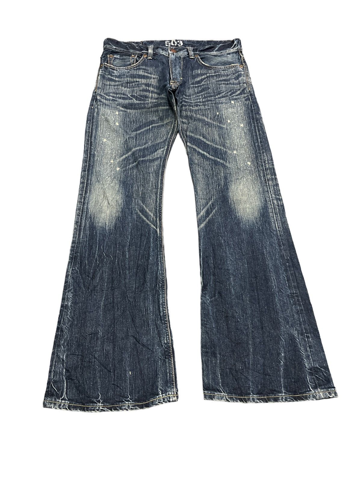 Japanese Brand FLARED💥EDWIN 503 BLUE TRIP DISTRESSED DENIM PANTS Size US 35 - 2 Thumbnail
