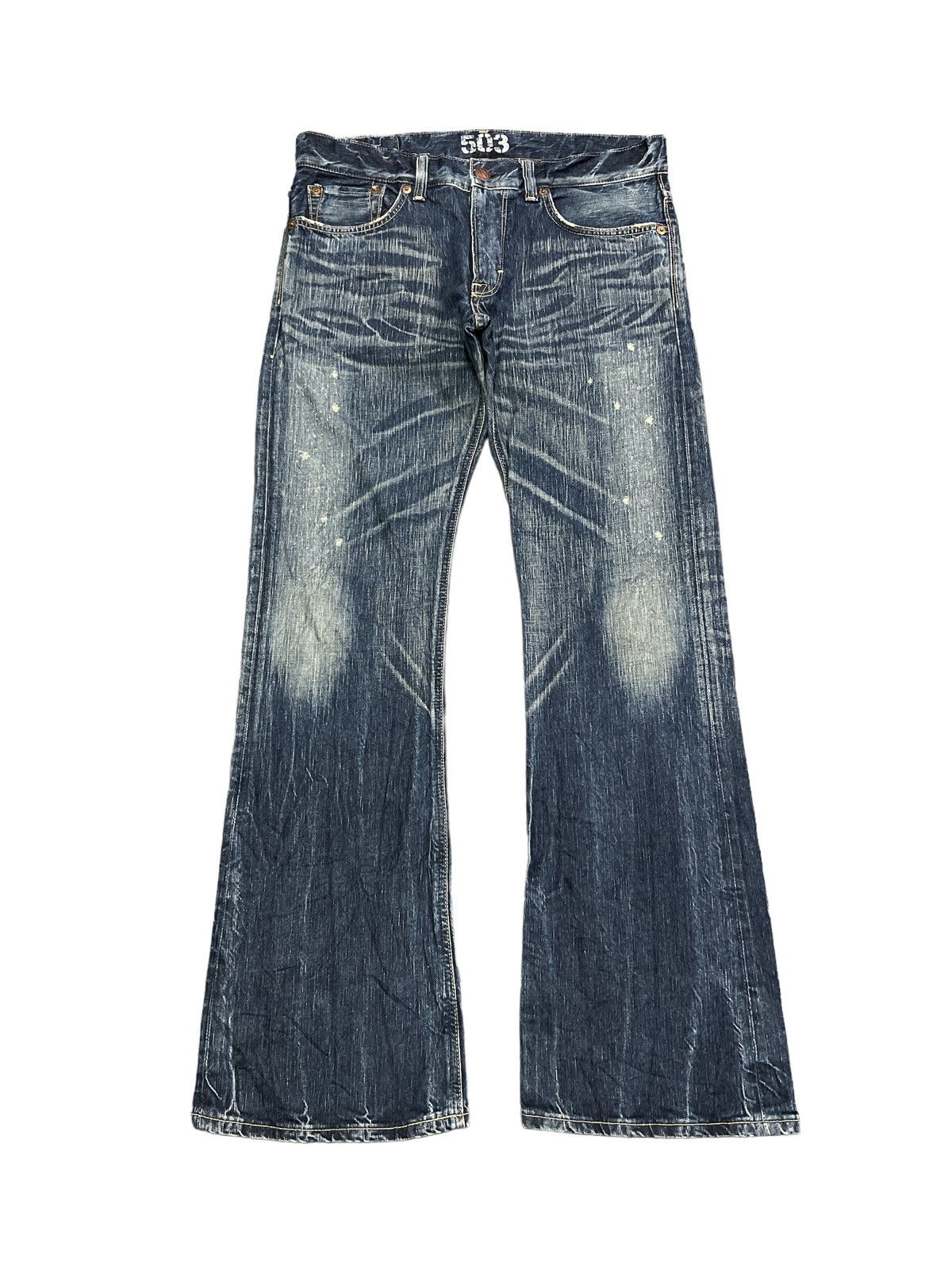 Japanese Brand FLARED💥EDWIN 503 BLUE TRIP DISTRESSED DENIM PANTS Size US 35 - 1 Thumbnail