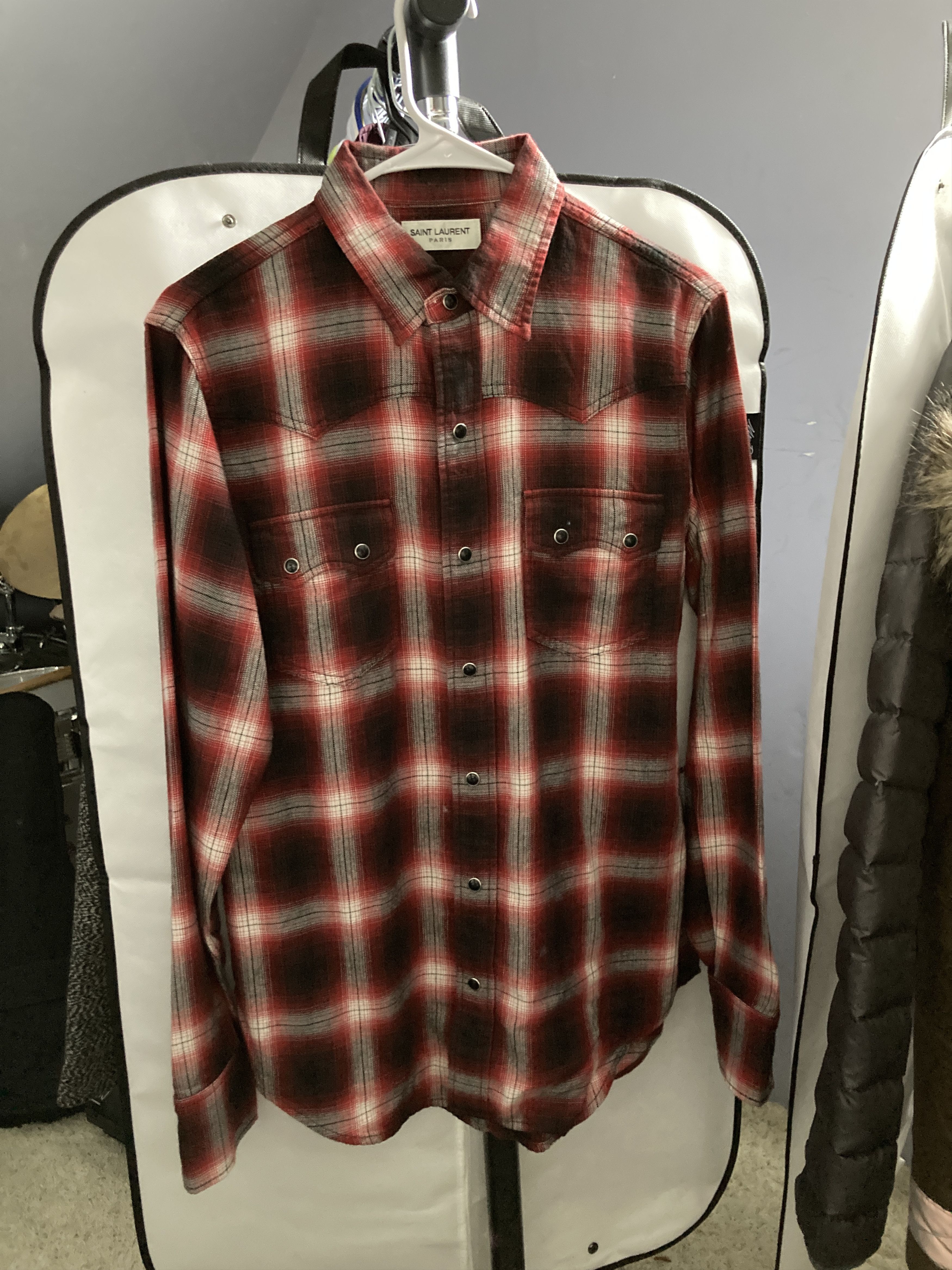 image of Saint Laurent Paris Fw16 Nashville Western Checked Flannel Shirt Red Blck Plaid, Men's (Size Small)