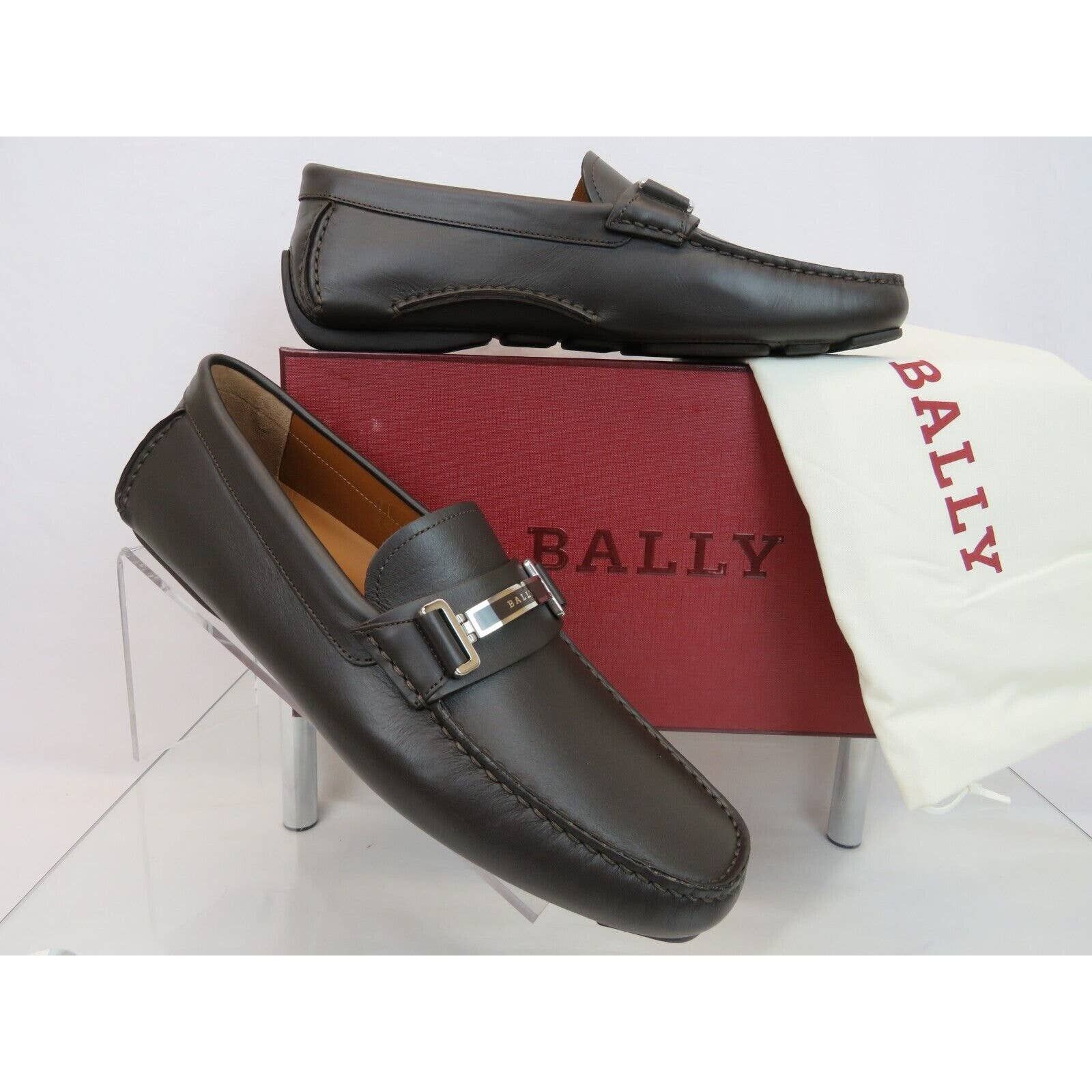 DRULIO DARK BROWN LEATHER METAL LOGO DRIVING LOAFERS US 11 D