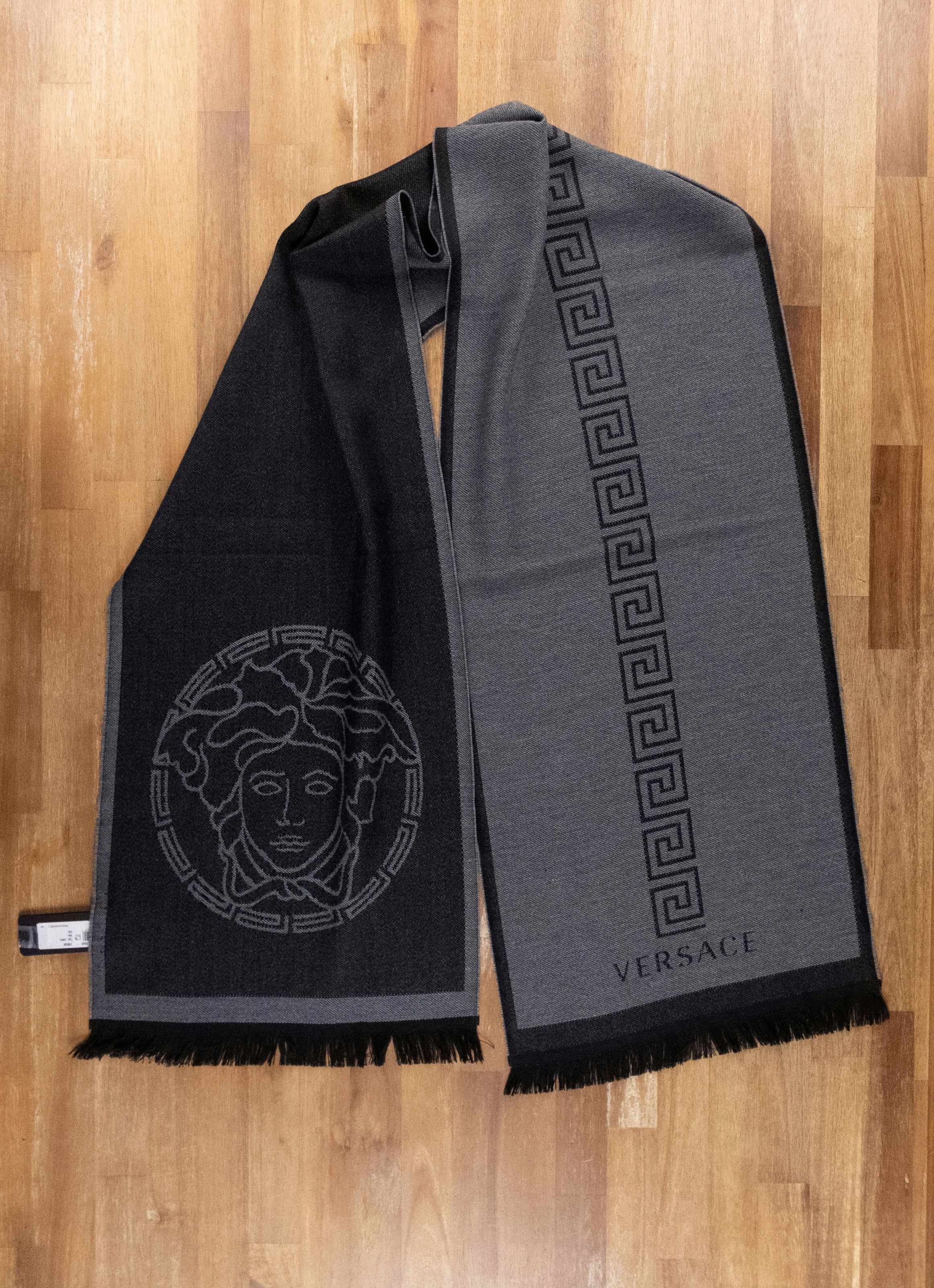 image of Versace Gray Black Medusa Head Logo Wool Silk Scarf in Grey, Men's