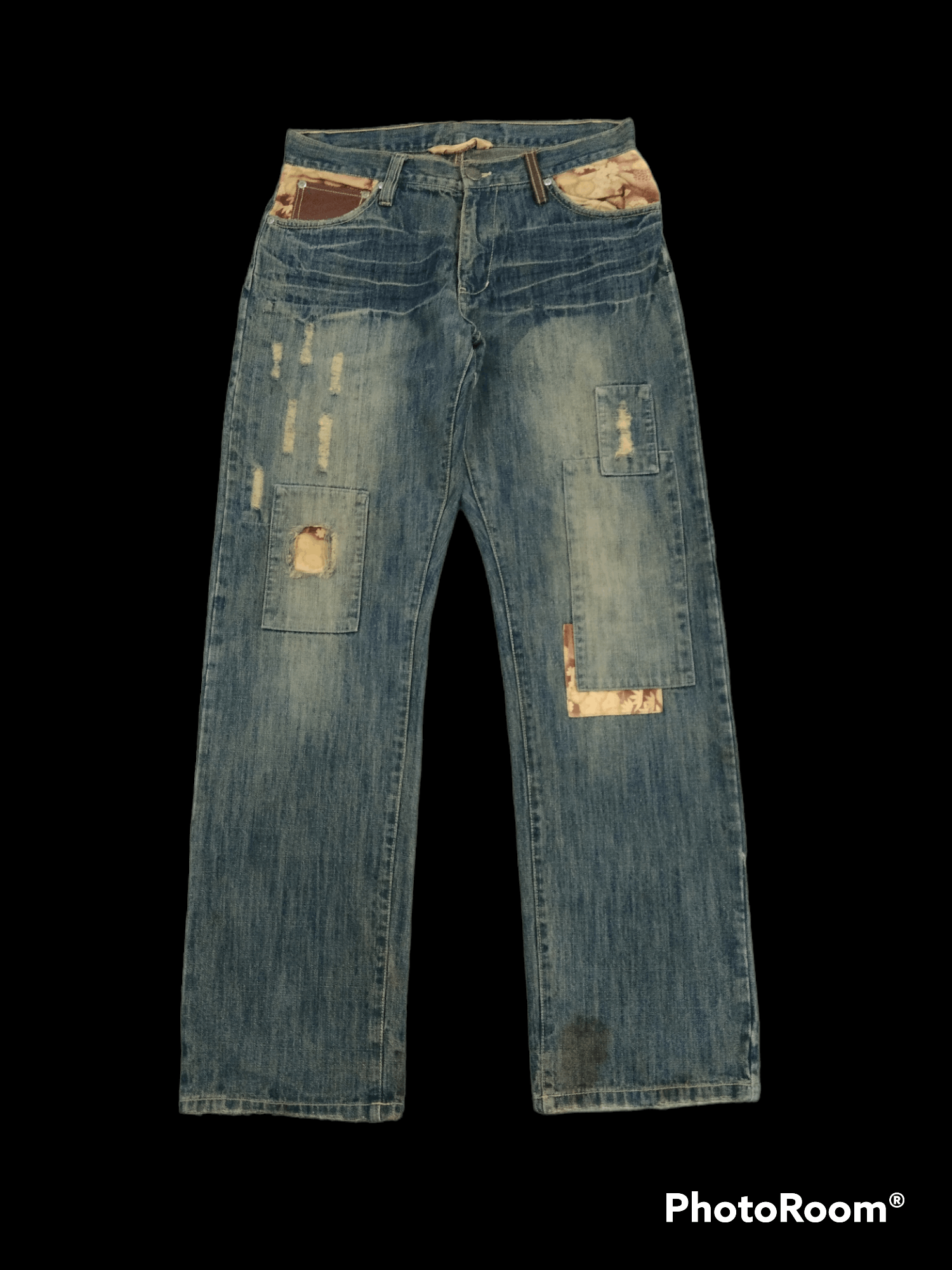 image of Art Comes First x Distressed Denim Internationale Distressed Pacthwork Denim Pants in Blue Distress