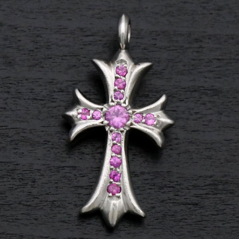 image of Chrome Hearts Platinum Pink Sapphire Fat Cross Charm in Silver, Men's
