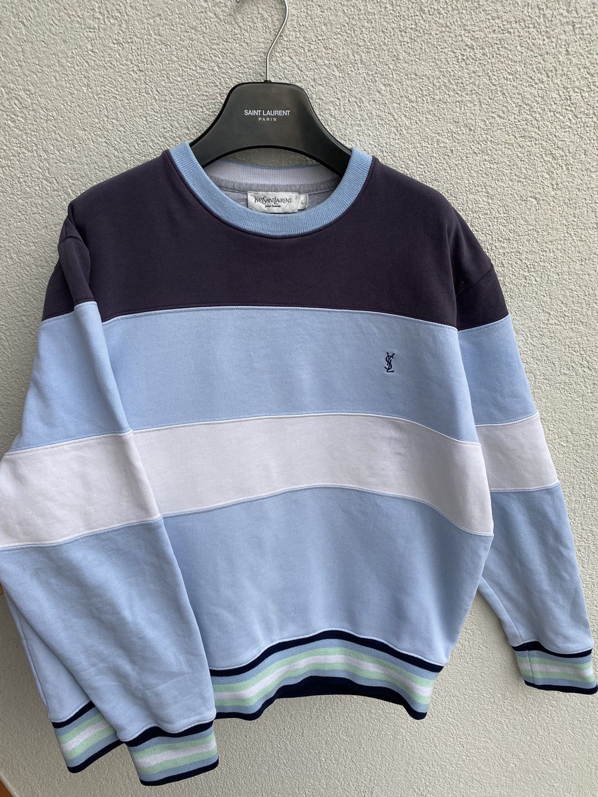 image of Vintage x YVES Saint Laurent YSL Sweatshirt Striped YSL Crewneck YSL Sweater in Navy Blue White (Si