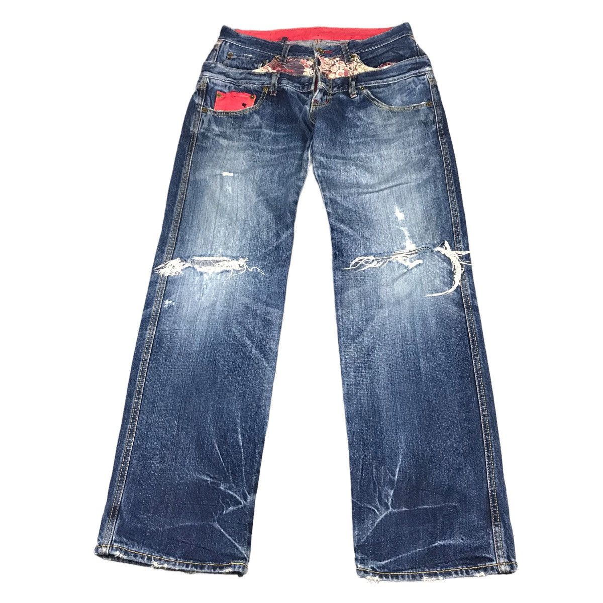 DOUBLE WAIST RIPPED DISTRESSED ENTERNAL DENIM PANTS