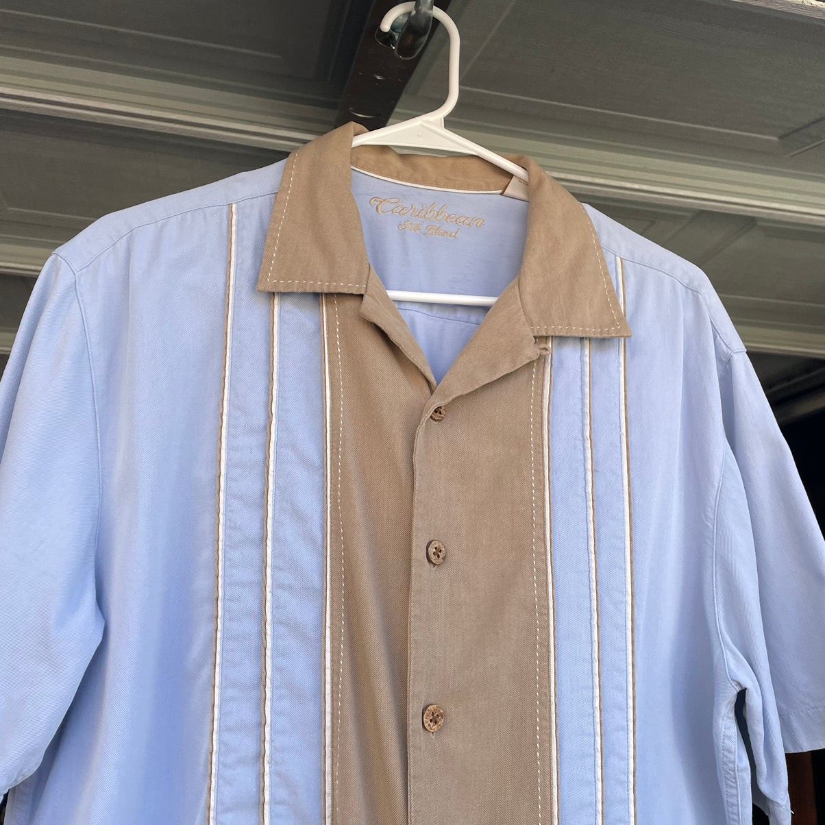 Pre-owned Vintage Silk Camp Collar Bowling Shirt Earthtones Silk In Blue