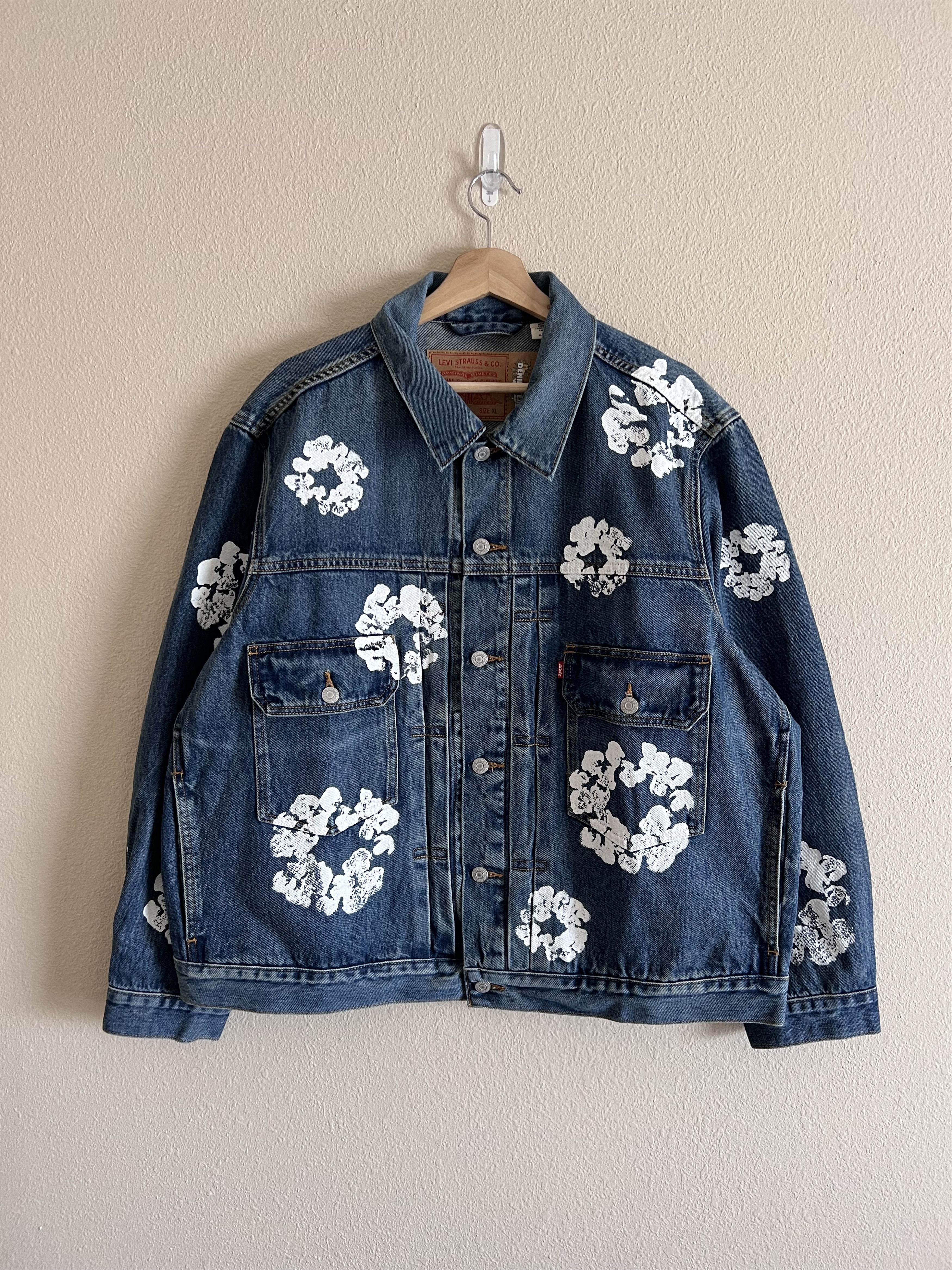 image of Denim Tears Levi's Type 2 Printed Wreath Denim Jacket Dark in Dark Wash, Men's (Size XL)