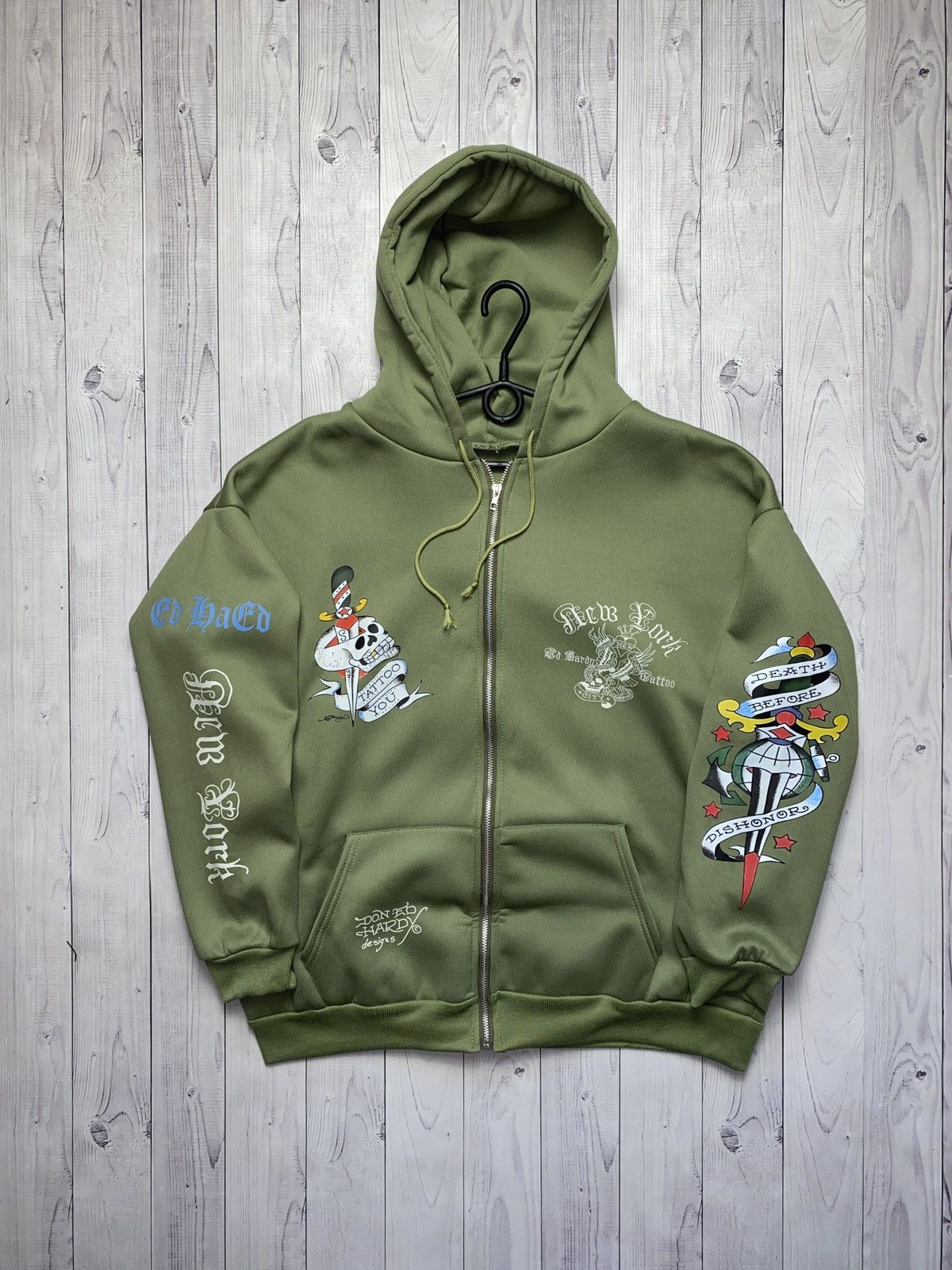 image of Ed Hardy Hoodie Logo Big Logo in Khaki, Men's (Size Large)