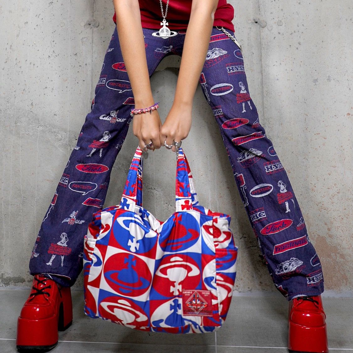 image of Hysteric Glamour Playboy Fuck - Red Blue Denim Pants, Men's (Size 26)