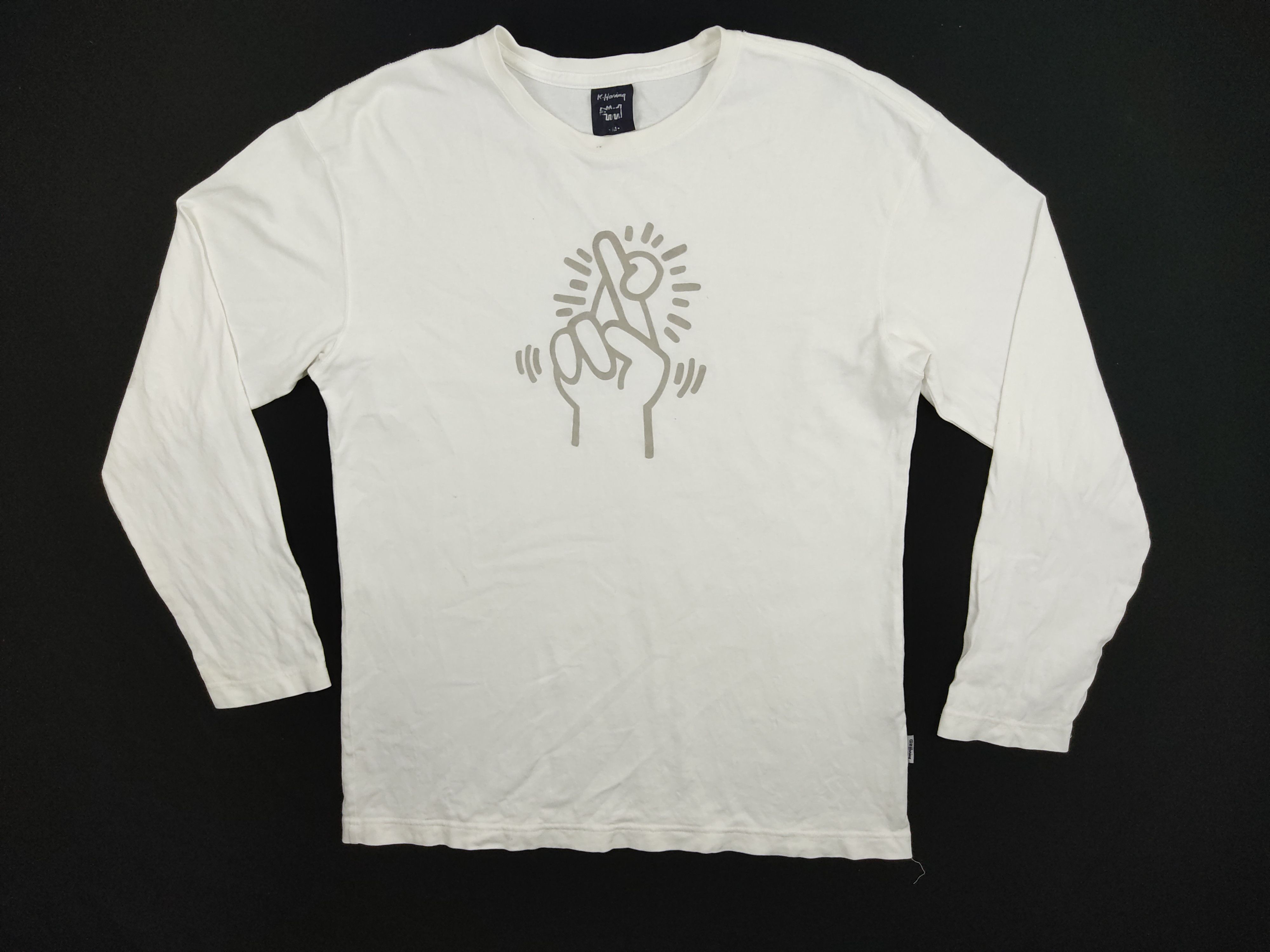 image of Keith Haring Folded Peace Finger Logo Pop Art Long Sleeve in White, Men's (Size Medium)
